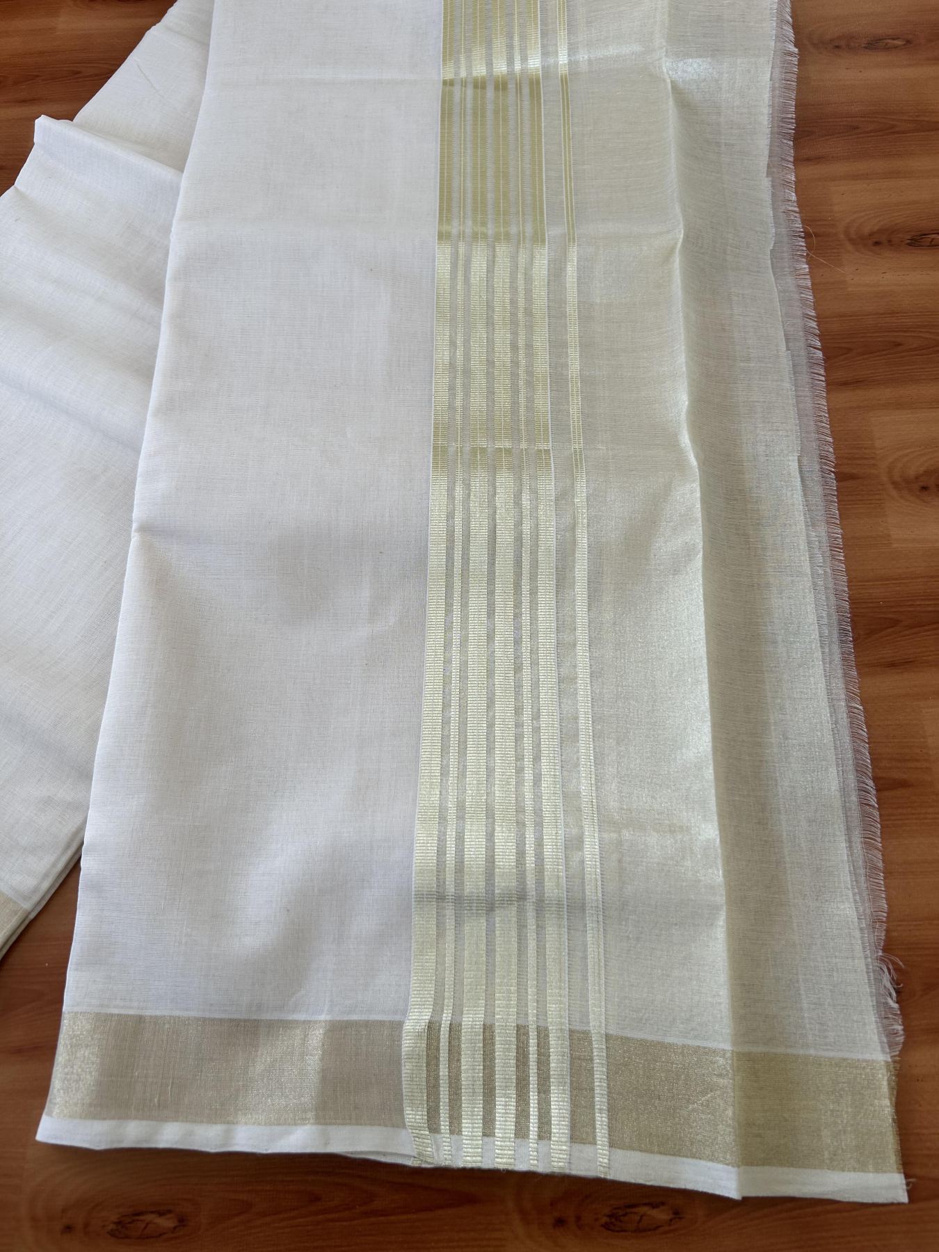 Double Off White - (Unbleached) Mundu/Dhoti - 25% Discount! KaithariKada Handloom Millpaav Kerala Handloom - Pure Cotton - (80X90) - 7 inch Light Gold Kasav Half Tissue Striped Kara 4 mtr (8.5 Muzham) - 4 KK5403 RAM