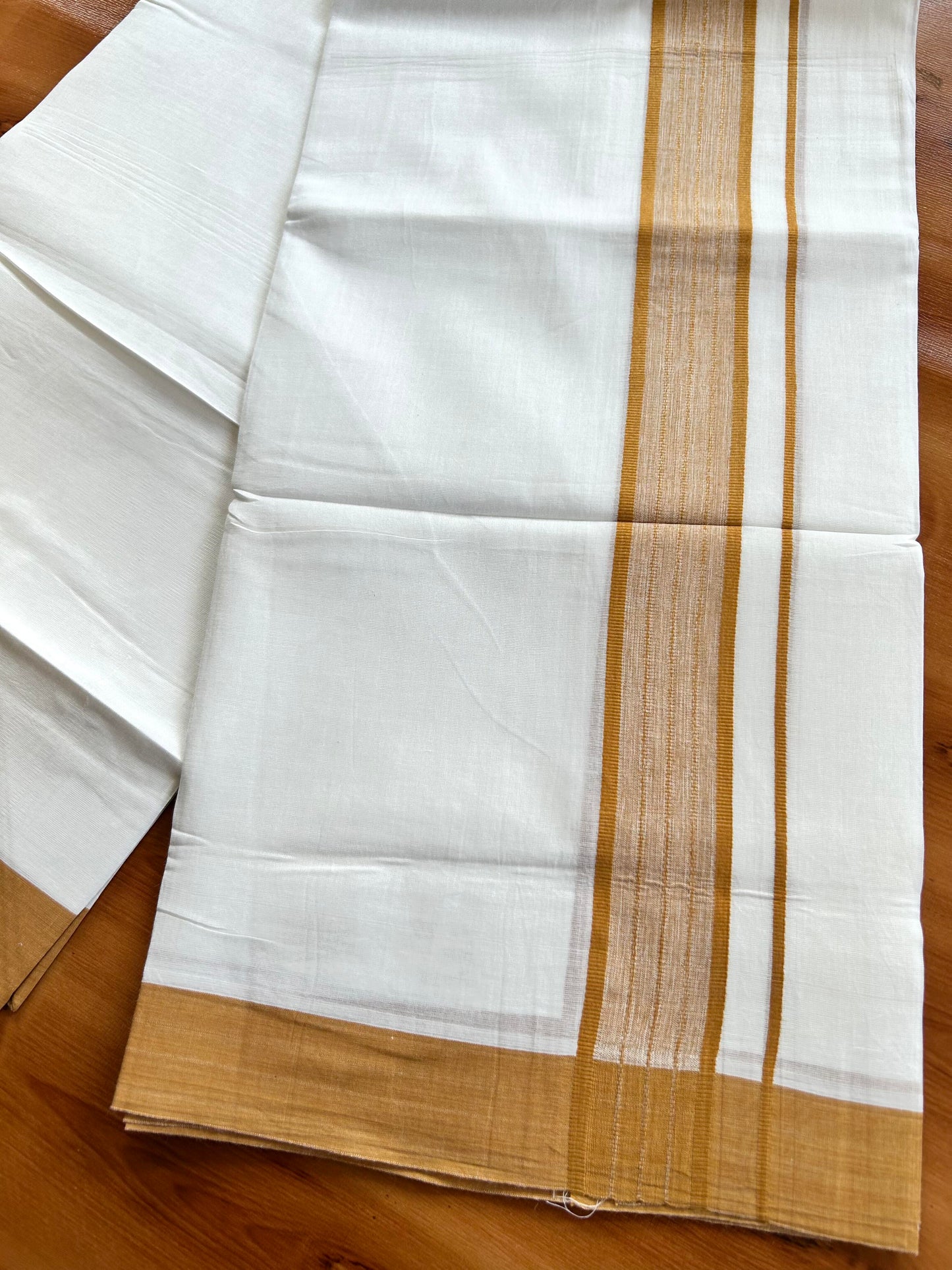 Pure White Double Mundu/Dhoti - 20% Discount ! Kaitharikada Balaramapuram Pure Cotton - 100x80 - 1.25 inch Brownish Orange Shaded Stripes Kara 3.80 mtr (8 muzham) - 110 KK5452 THI