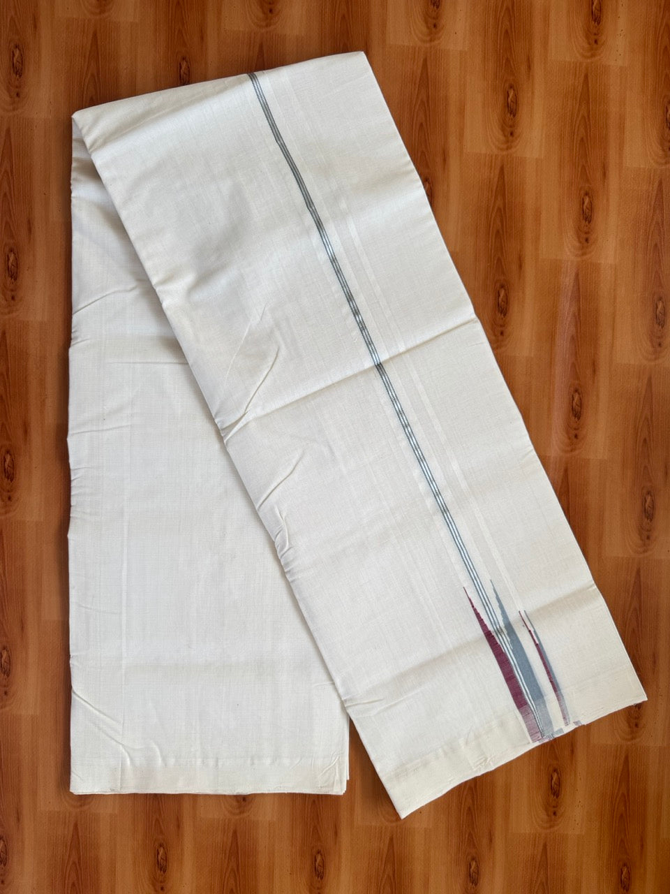 25% Discount!! KaithariKada Handloom Unakkupaav Kerala Handloom - 100% Pure Cotton Off White - (Unbleached) Double Mundu/Dothi - 100X80 - 0.75 inch Puliyilakkara Dark Pink & Ash Blue Double chutty Kara 4 meter (8.5 Muzham) - 5 KK5473 REA