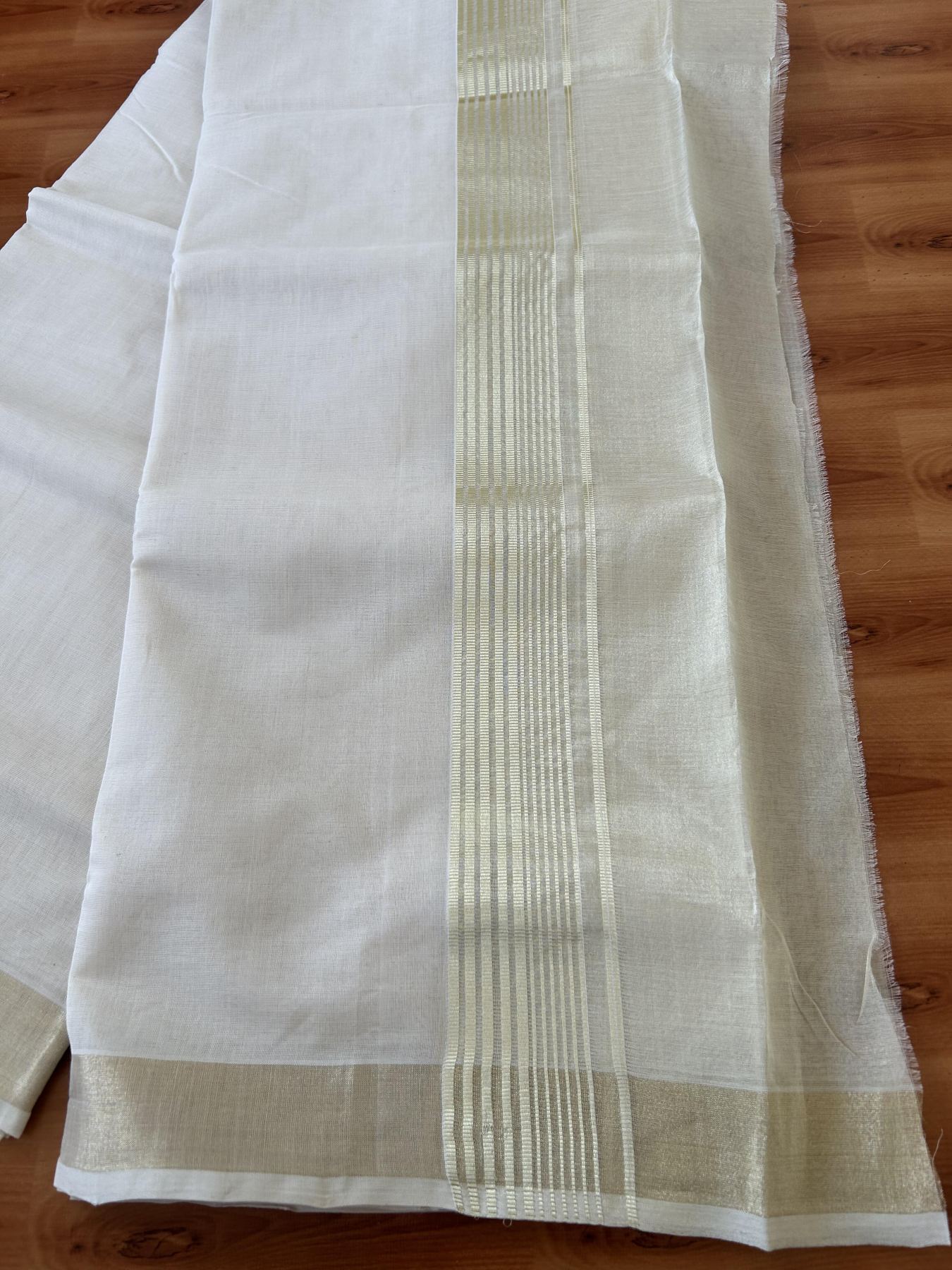 Double Off White - (Unbleached) Mundu/Dhoti - 25% Discount! KaithariKada Handloom Millpaav Kerala Handloom - Pure Cotton - (80X90) - 7 inch Light Gold Kasav Half Tissue Striped Kara 4 mtr (8.5 Muzham) - 5 KK5403 RAM