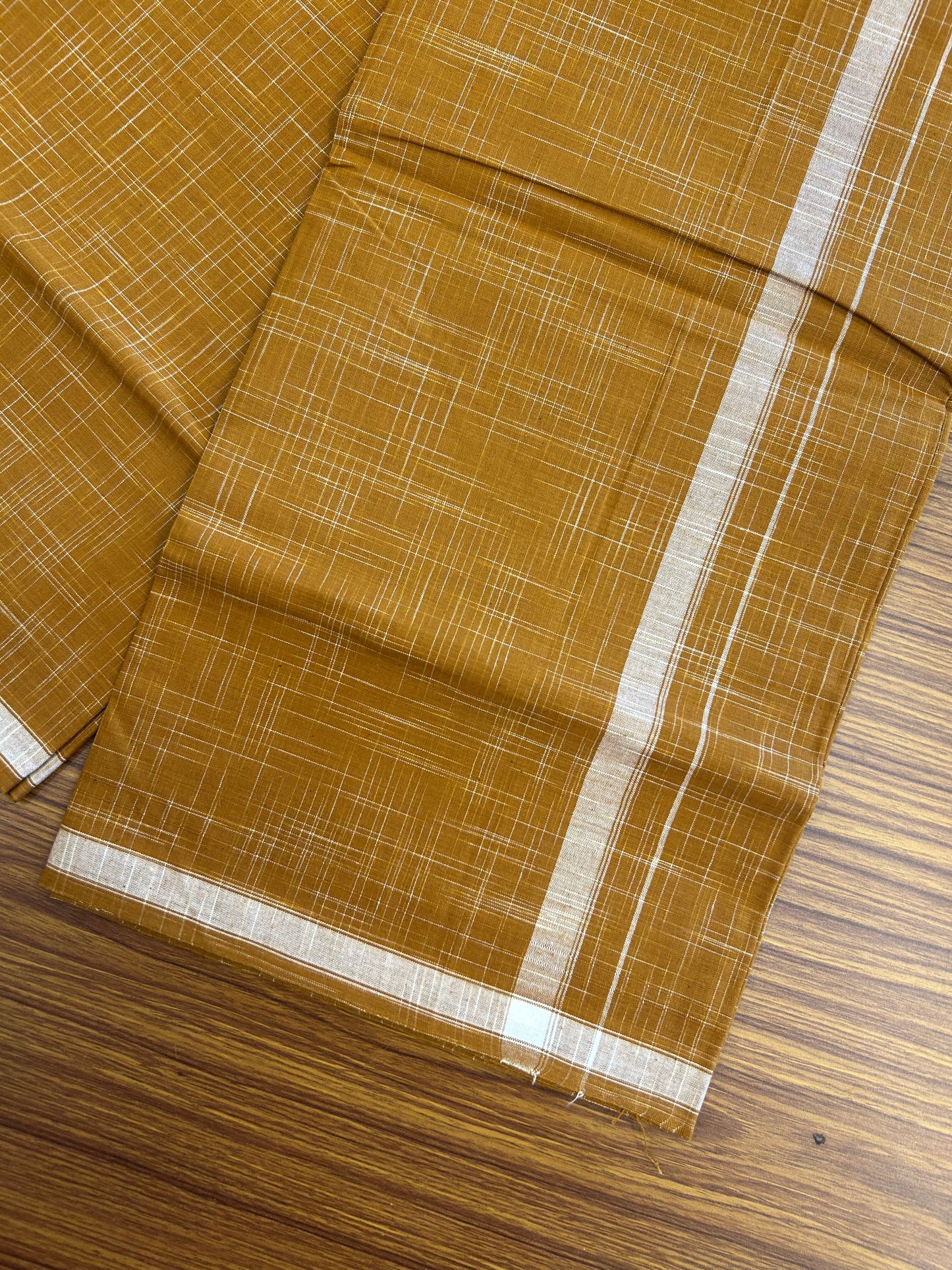 Premium Kathar Type Mund Pure cotton - Kaitharikada - Single Kaily / Lungi - 0.75 inch White Stripes kara Plain Border with Golden Orange & White Stripes colour body (2 meter / 4 muzham) - 41 KK8050 MUT