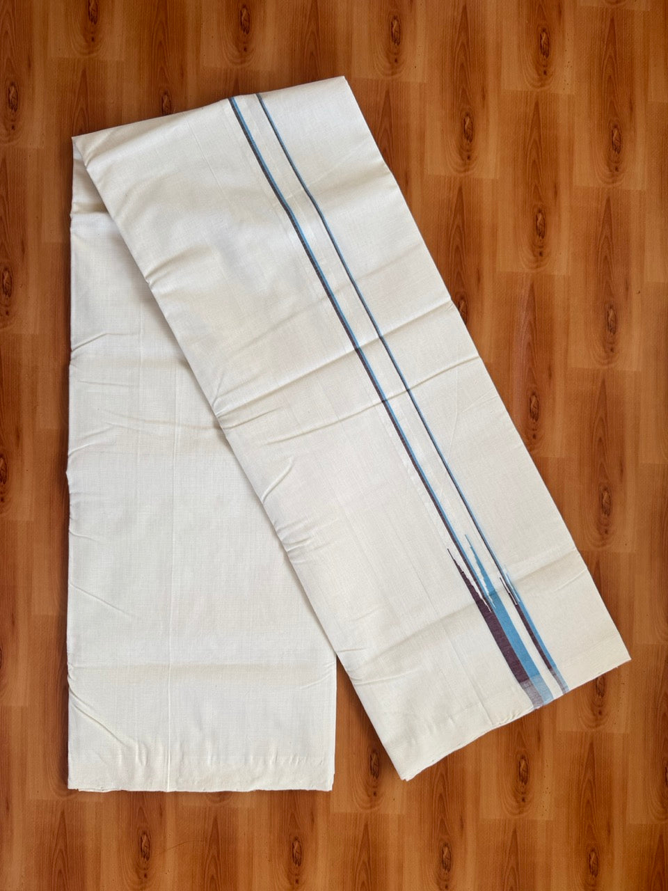 25% Discount!! KaithariKada Handloom Unakkupaav Kerala Handloom - 100% Pure Cotton Off White - (Unbleached) Double Mundu/Dothi - 100X80 - 0.75 inch Puliyilakkara Dark Maroon & Blue Double chutty Kara 4 meter (8.5 Muzham) - 2 KK5473 REA