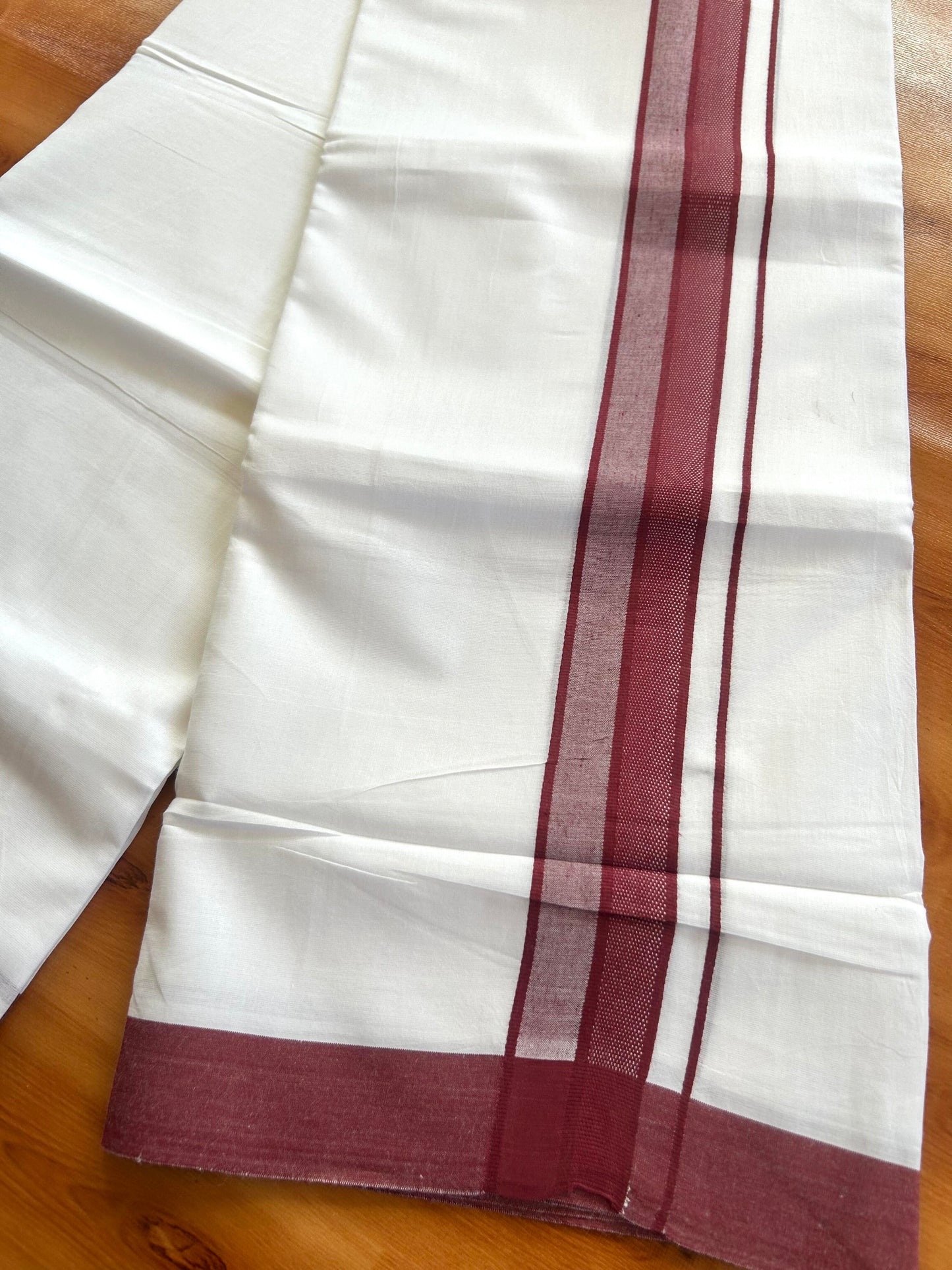 Pure White Double Mundu/Dhoti - 20% Discount ! Kaitharikada Pure Cotton - 100x80 - 2 inch Maroon Shaded Design Kara 3.80 mtr (8 muzham) - 122 KK5452 THI