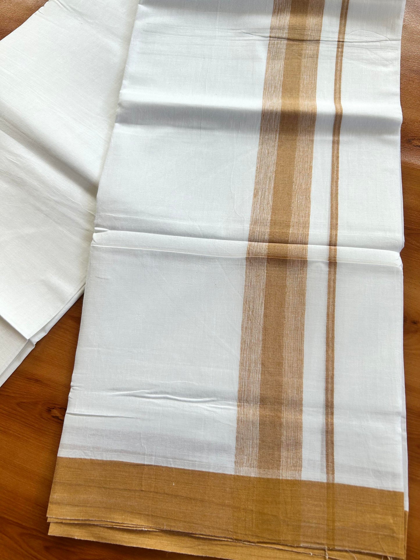 Pure White Double Mundu/Dhoti - 20% Discount ! Kaitharikada Balaramapuram Pure Cotton - 100x80 - 1.5 inch Brownish Orange Shaded Stripes Kara 3.80 mtr (8 muzham) - 112 KK5452 THI