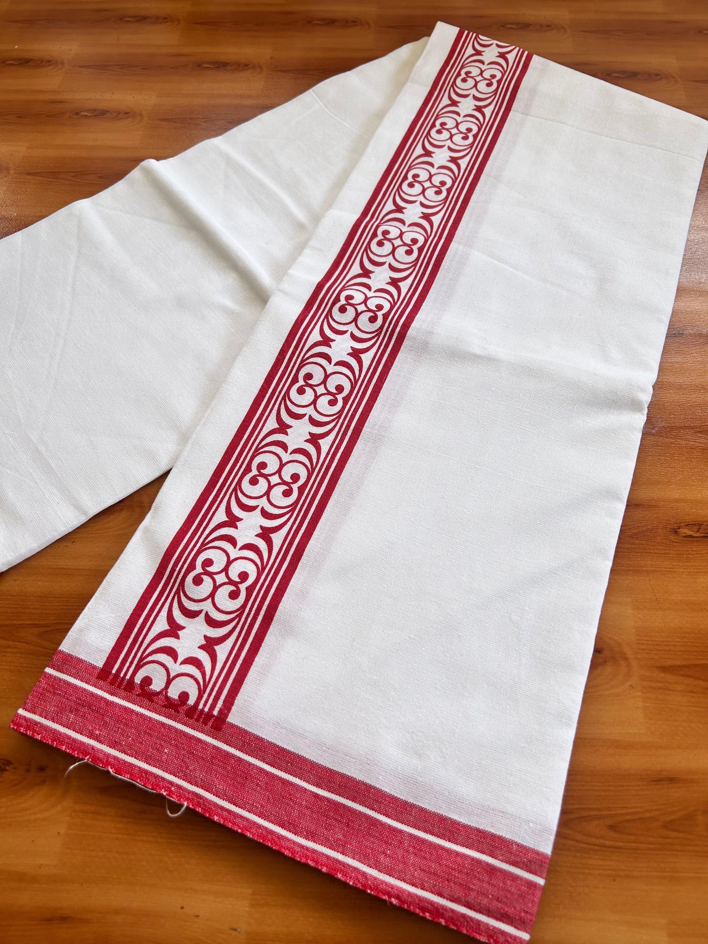 Kaitharikada - Single Kaily / Lungi - Mixed Cotton - 40s twisted - 2.5 inch Red Printed kara with White colour body (2 meter / 4 muzham) - 5 KK8074 SAT