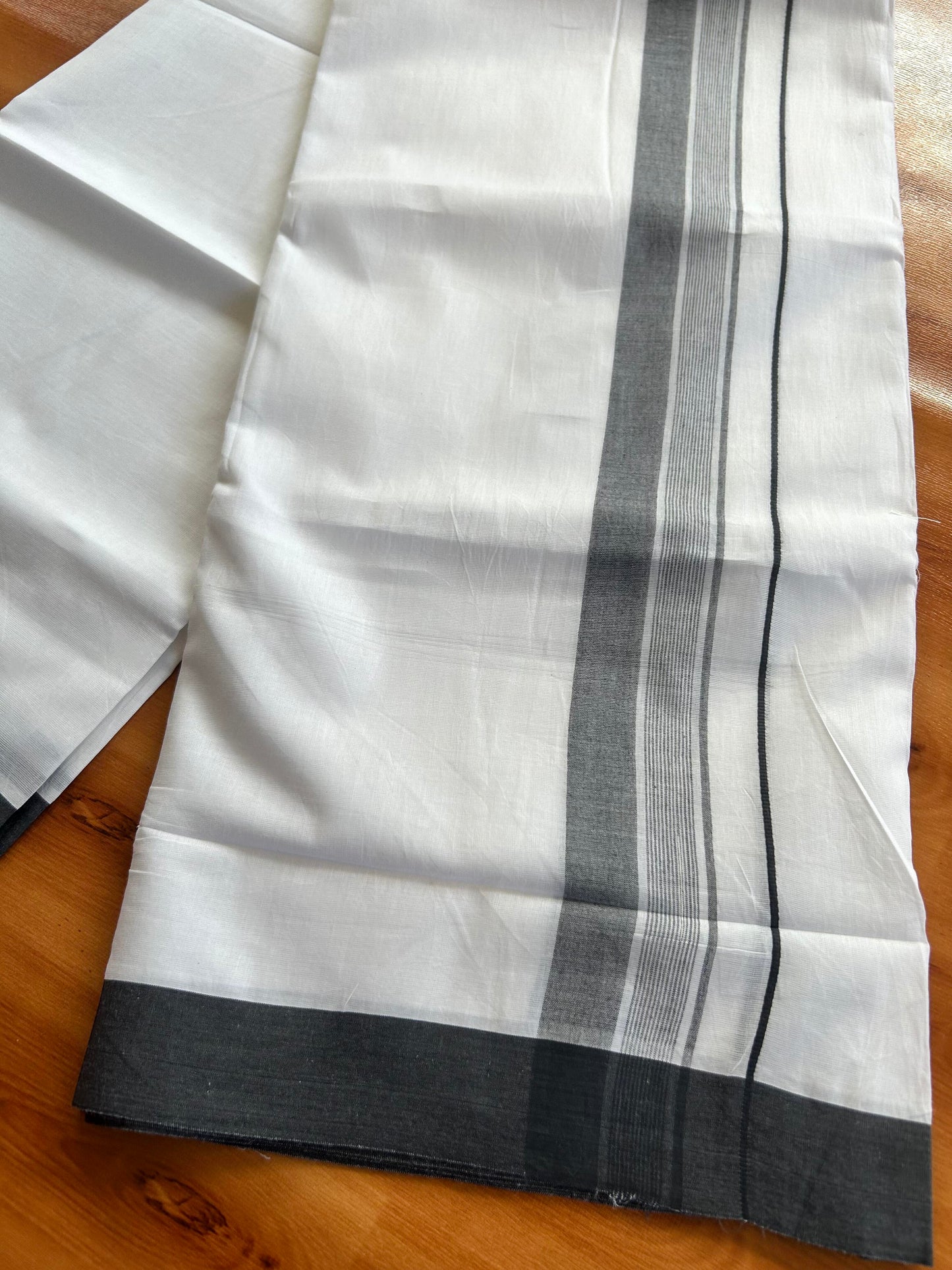 Pure White Double Mundu/Dhoti - 20% Discount ! Kaitharikada Balaramapuram 100% Cotton - 100x80 - 1.5 inch Black Shaded Stripes Kara 3.80 mtr (8 muzham) - 105 KK5452 THI