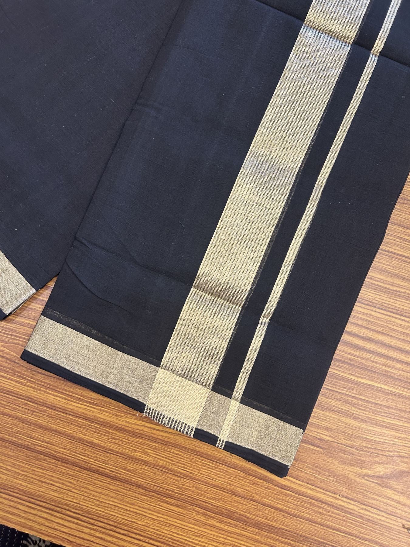 25% Discount! KaithariKada Handloom Unakkupaav - Kerala Handloom - Pure Cotton Double Mundu/Dhoti (Unbleached) - 100x80 - Black Colour Body - 2 inch Light Gold Kasavu Striped Kara - 4 mtr (8.5 Muzham) - 2 KK5342 ABH