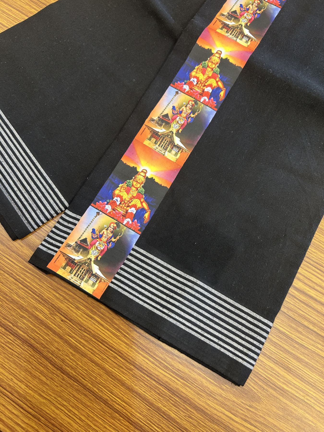 Kaitharikada - Polyster + Cotton - 40s twisted - Pure white Single Kaily / Lungi - 2.25 inch Ayyappan Printed Striped Border with Black colour body (2 meter / 4 muzham) - 15 KK8041 GAN