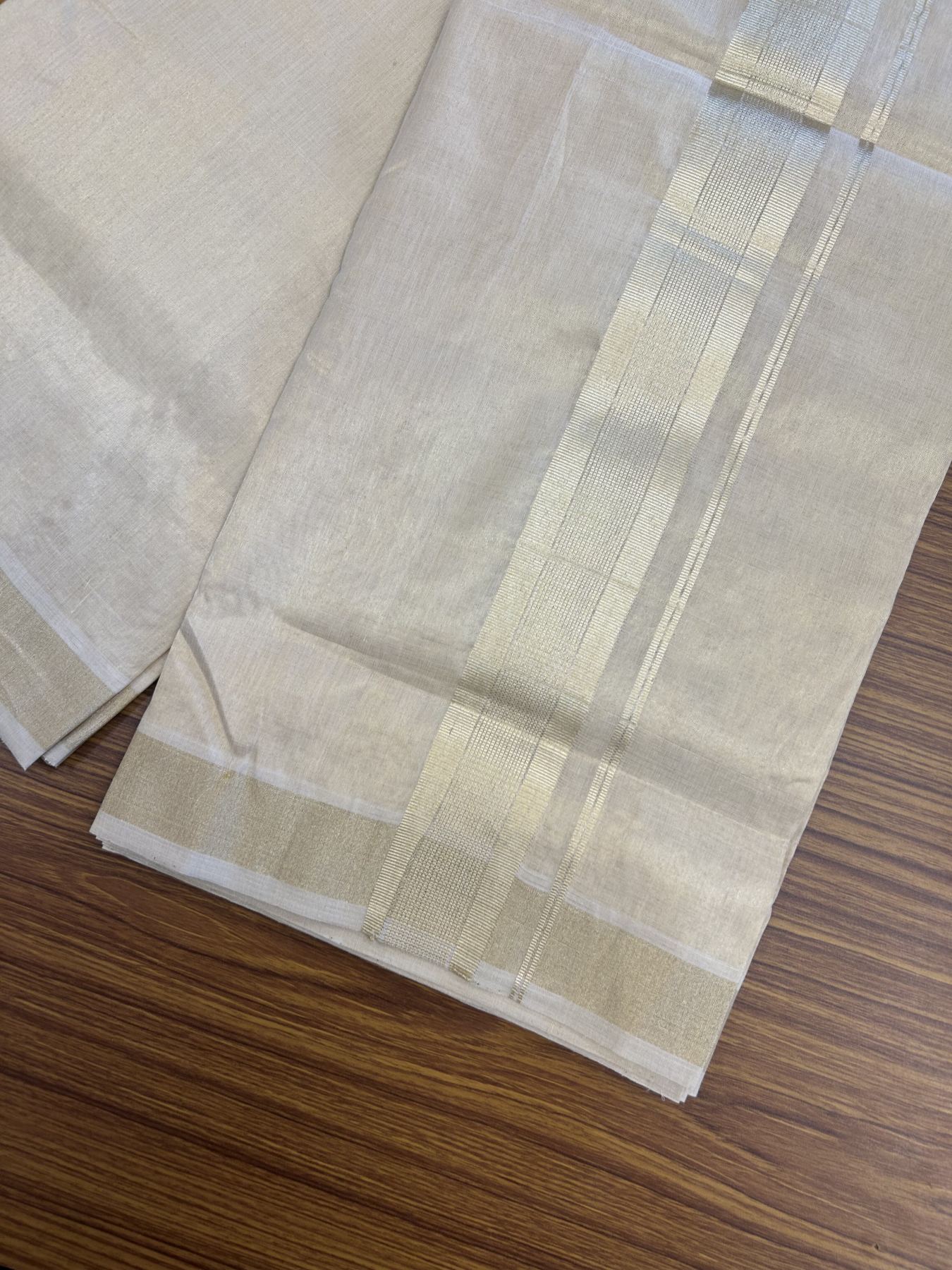 25% Discount ! KaithariKada Handloom Unakkupaav Kerala Handloom - 100% Pure Cotton Off White (Unbleached) - Double Mundu/Dhoti - 2 inch Light Gold Kasavu Tissue Body - 4 mtr (8.5 Muzham) - 12 KK5342 ABH