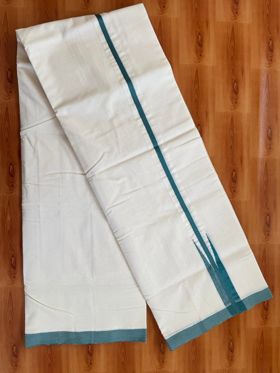 25% Discount!! KaithariKada Handloom Unakkupaav Kerala Handloom 100% Pure Cotton Off White - (Unbleached) Double Mundu/Dothi - 100X80 - 1.25 inch Puliyilakkara Teal Green & Grey chutty Kara 3.80 meter (8 Muzham) - 16 KK5473 REA