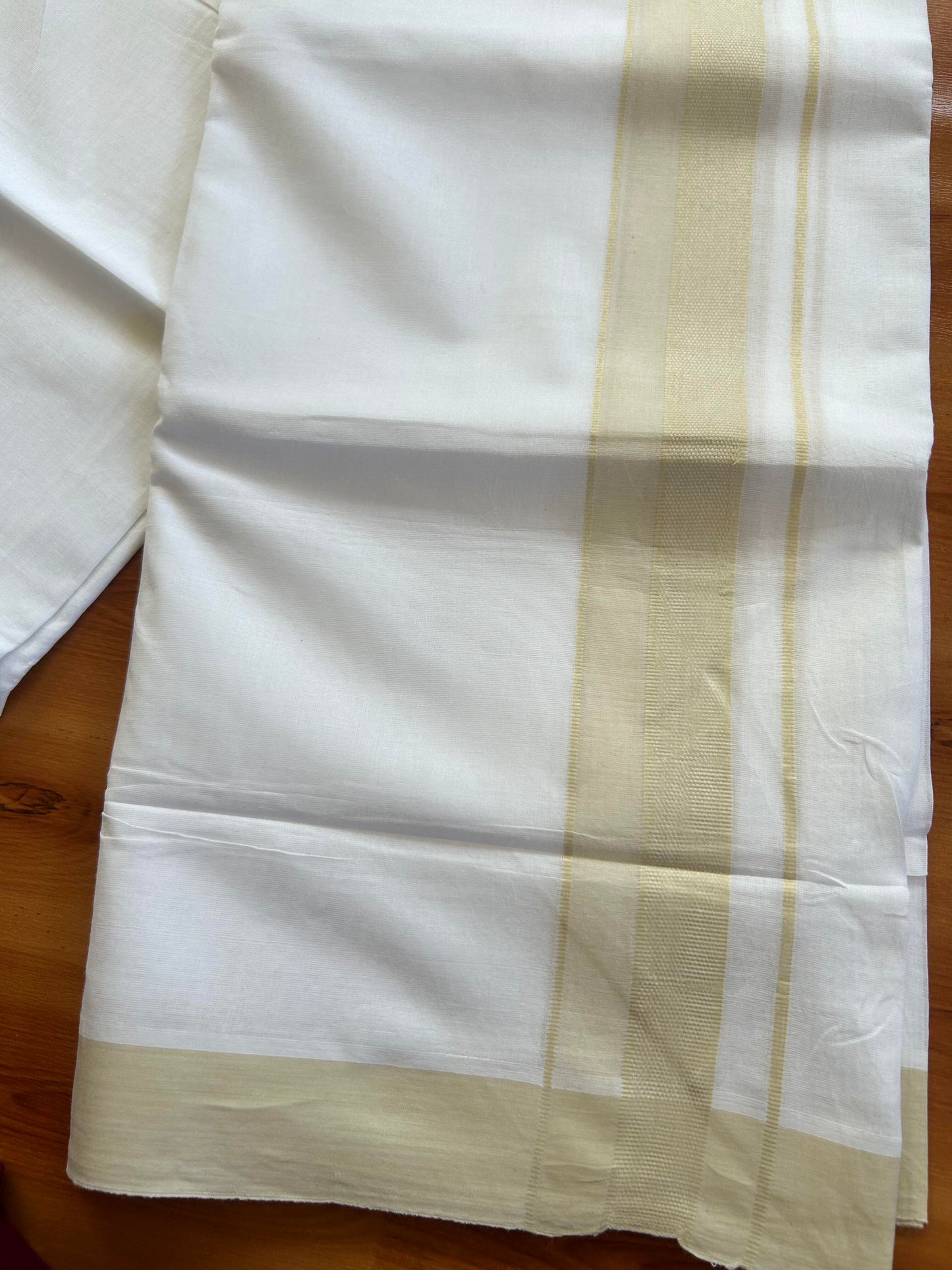 Pure White Double Mundu/Dhoti - 20% Discount ! Kaitharikada Pure Cotton - 100x80 - 2 inch Light Beige Shaded Design Kara 3.80 mtr (8 muzham) - 119 KK5452 THI