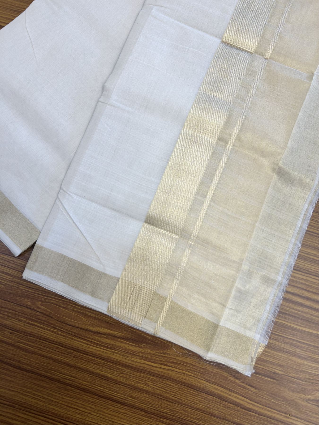 25% Discount ! KaithariKada Handloom Unakkupaav Kerala Handloom - Pure Cotton Off White - (Unbleached) Double Mundu/Dhoti - (100X80) - 7 inch Gold Kasav Striped & Half Tissue Kara - 4 mtr (8.5 Muzham) - 4 KK5342 ABH