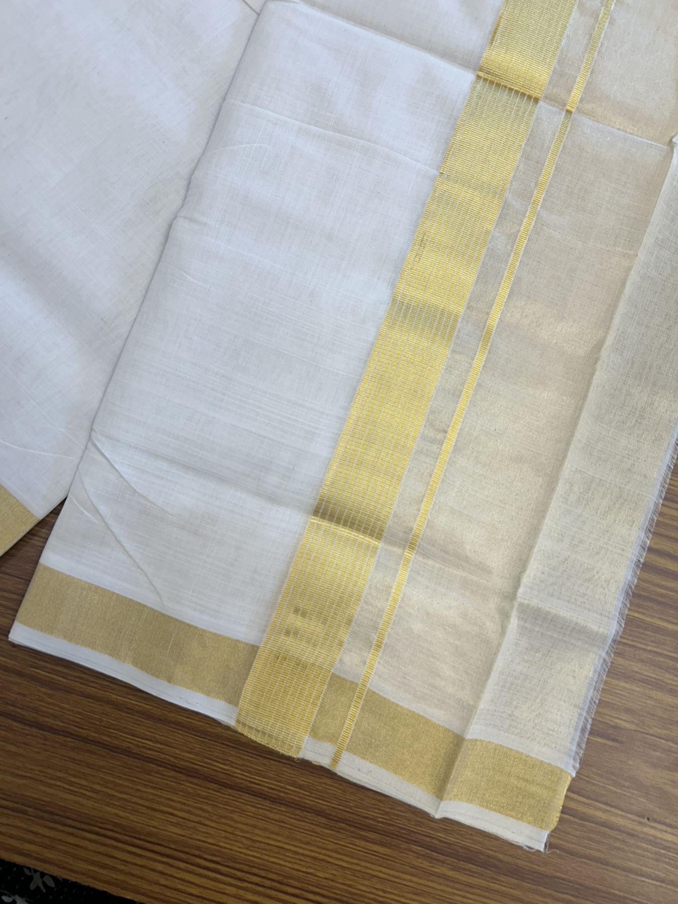 25% Discount ! KaithariKada Handloom Unakkupaav Kerala Handloom - Pure Cotton Off White - (Unbleached) Double Mundu/Dhoti - (100X80) - 7 inch Gold Kasav Striped & Half Tissue Kara - 4 mtr (8.5 Muzham) - 5 KK5342 ABH