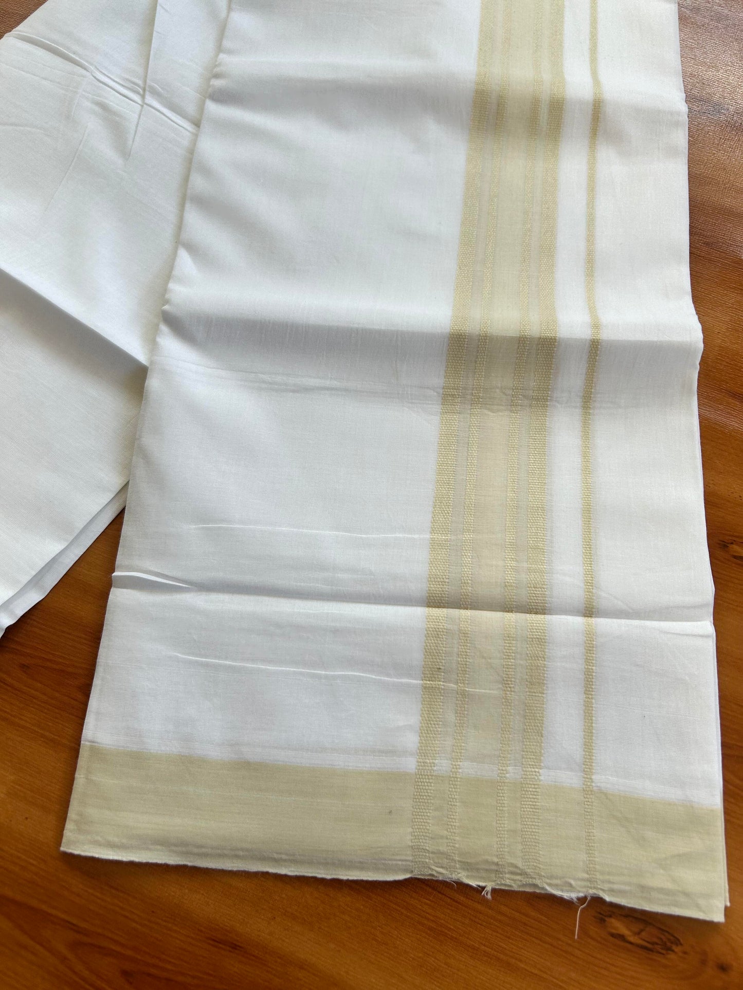 Pure White Double Mundu/Dhoti - 20% Discount ! Kaitharikada Pure Cotton - 100x80 - 1.5 inch Light Beige Shaded Stripes Kara 3.80 mtr (8 muzham) - 116 KK5452 THI