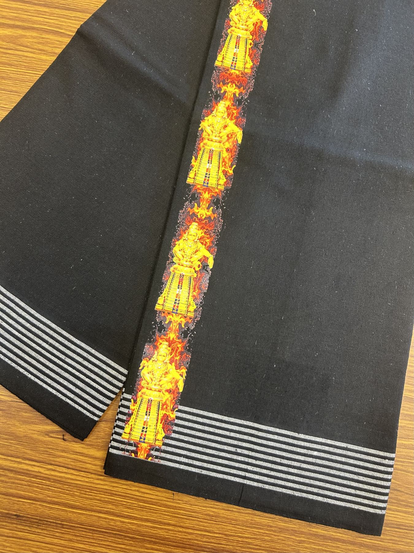 Kaitharikada - Polyster + Cotton - 40s twisted - Pure white Single Kaily / Lungi - 1.5 inch Ayyappan Printed Striped Border with Black colour body (2 meter / 4 muzham) - 19 KK8041 GAN