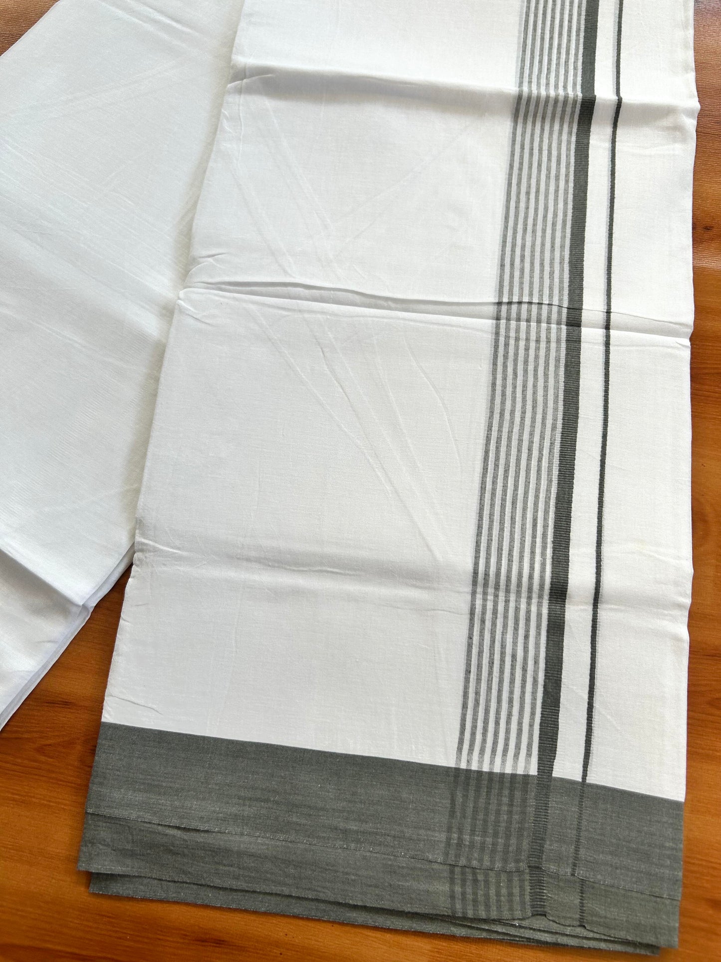 Pure White Double Mundu/Dhoti - 20% Discount ! Kaitharikada 100% Cotton - 100x80 - 1.5 inch Dark Grey Stripes Kara 3.80 mtr (8 muzham) - 97 KK5452THI