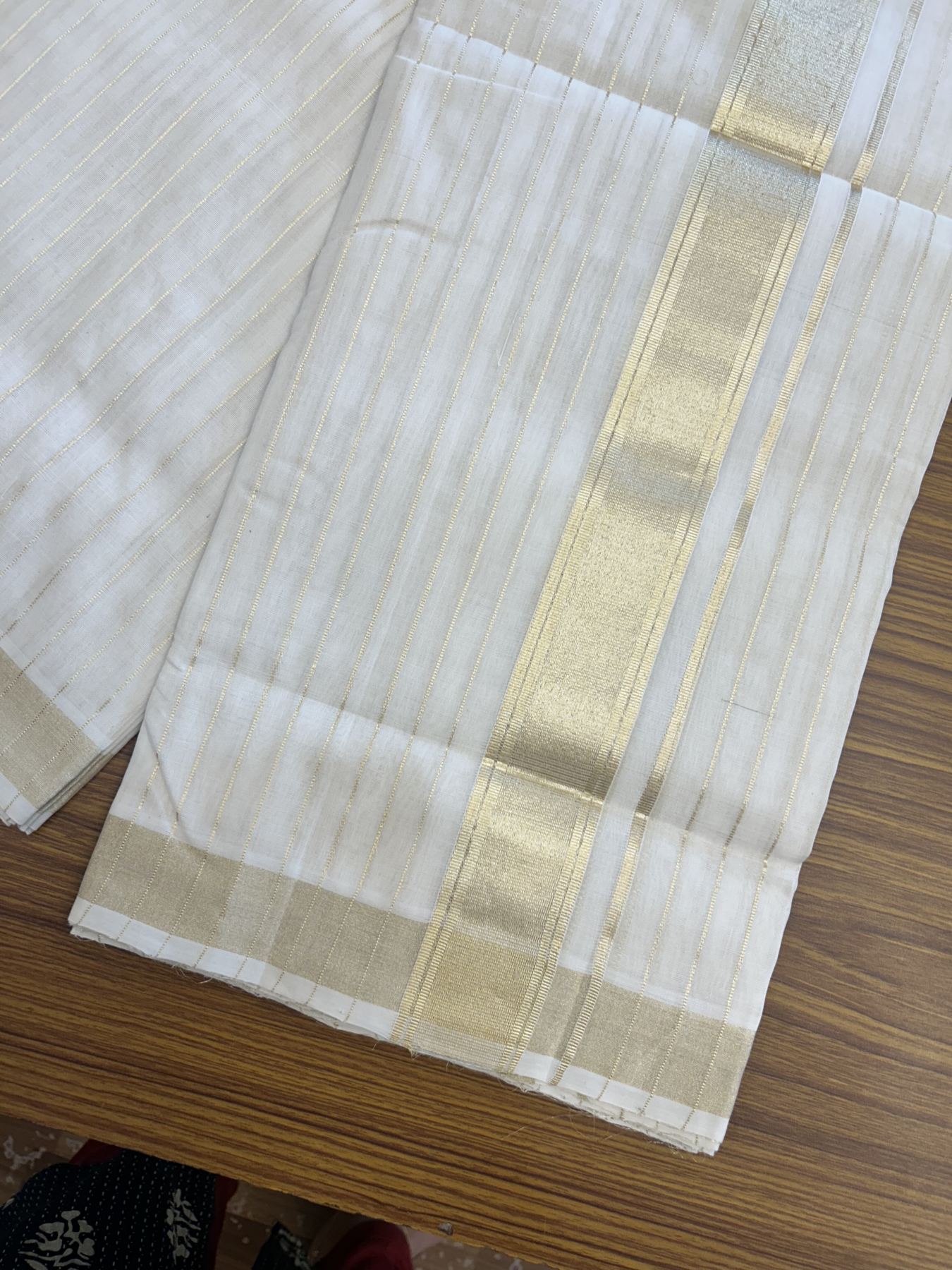 25% Discount ! KaithariKada Handloom Unakkupaav Kerala Handloom - Pure Cotton Off White - (Unbleached) Double Mundu/Dhoti - (100X80) - 1.75 inch Light Kasav Full Body Striped Kara - 4 mtr (8.5 Muzham) - 8 KK5342 ABH