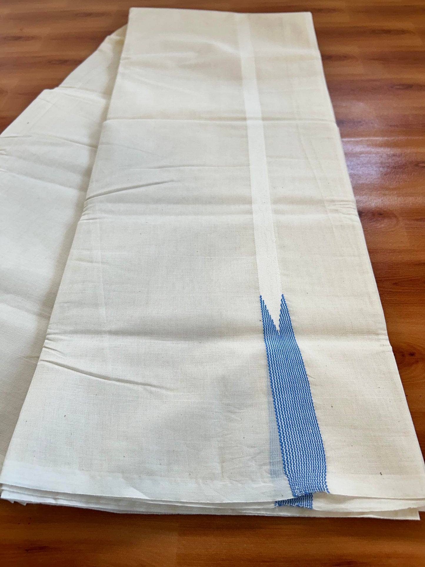 Double Off white Mundu/Dhoti - 23% Discount! KaithariKada Balaramapuram 100% Cotton - 100x100 - 0.5 inch Puliyilakkara Sky Blue Striped Chutty Kara - 4 mtr (8.5 muzham) - 17 KK5401 ASH