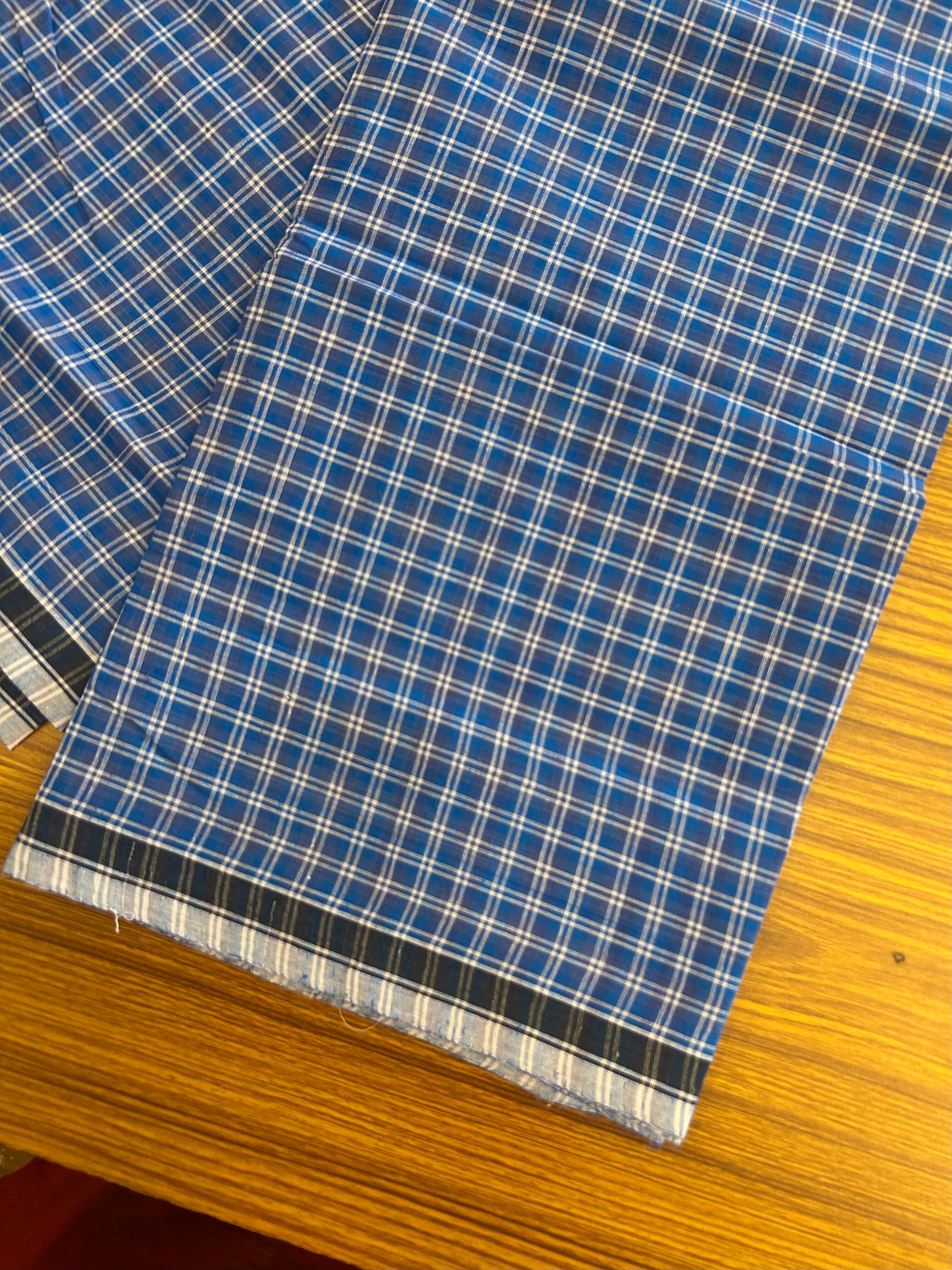 Premium Kathar Type Mund Pure cotton - Kaitharikada - Single Kaily / Lungi - 0.5 inch Black Border with Blue & Ash Blue Check body (2.50 meter / 5.36 muzham) - 2 KK8050 MUT