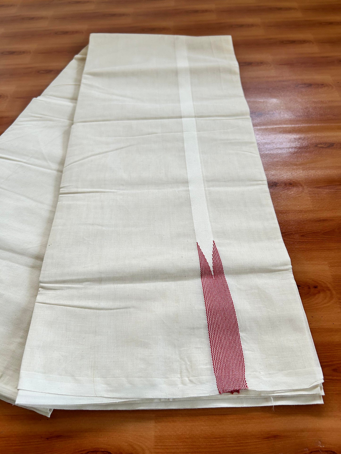 Double Off white Mundu/Dhoti - 23% Discount! KaithariKada Balaramapuram 100% Cotton - 100x100 - 0.5 inch Puliyilakkara Red Orange Striped Chutty Kara - 4 mtr (8.5 muzham) - 18 KK5401 ASH