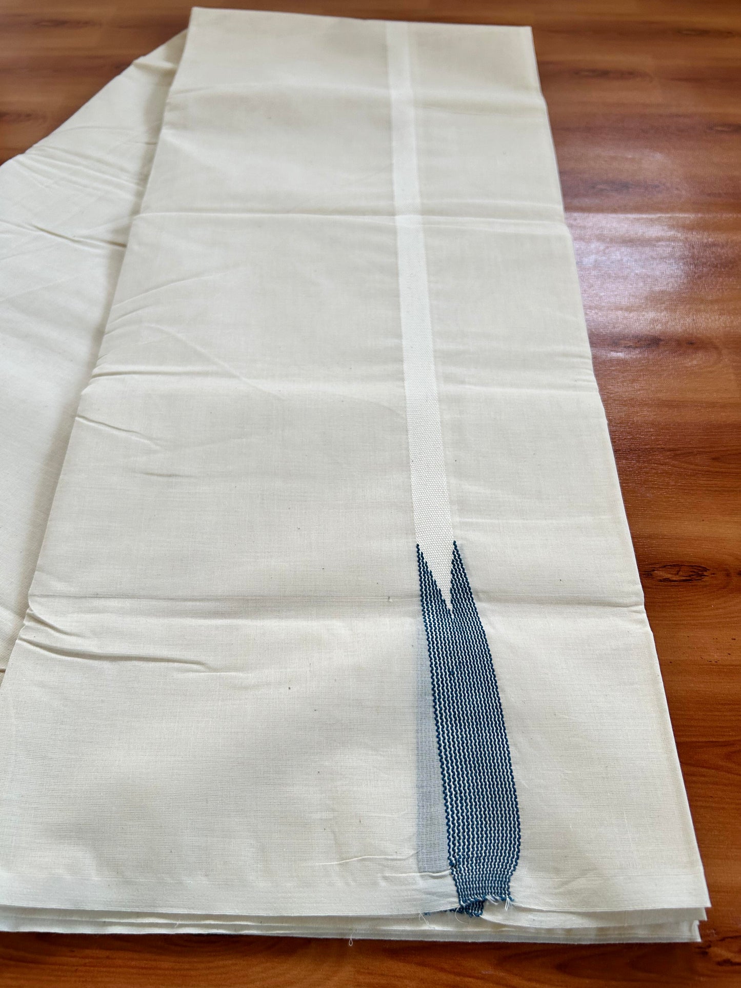Double Off white Mundu/Dhoti - 23% Discount! KaithariKada Balaramapuram 100% Cotton - 100x100 - 0.5 inch Puliyilakkara Peacock Blue Striped Chutty Kara - 4 mtr (8.5 muzham) - 21 KK5401 ASH