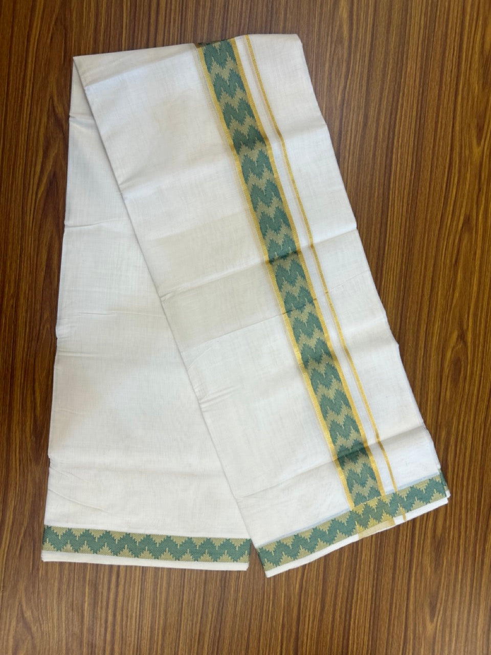 25% Discount ! Kaitharikada Handloom Unakkupaav Balaramapuram - 100% PURE Cotton OFF WHITE - (Unbleached) Double Mundu/Dhoti - 80x90 - 1.75 inch Light Sea Green Gold Kasavu & Jacquard Design Kara 4 mtr (8.5 Muzham) -  4 KK5266 YAR