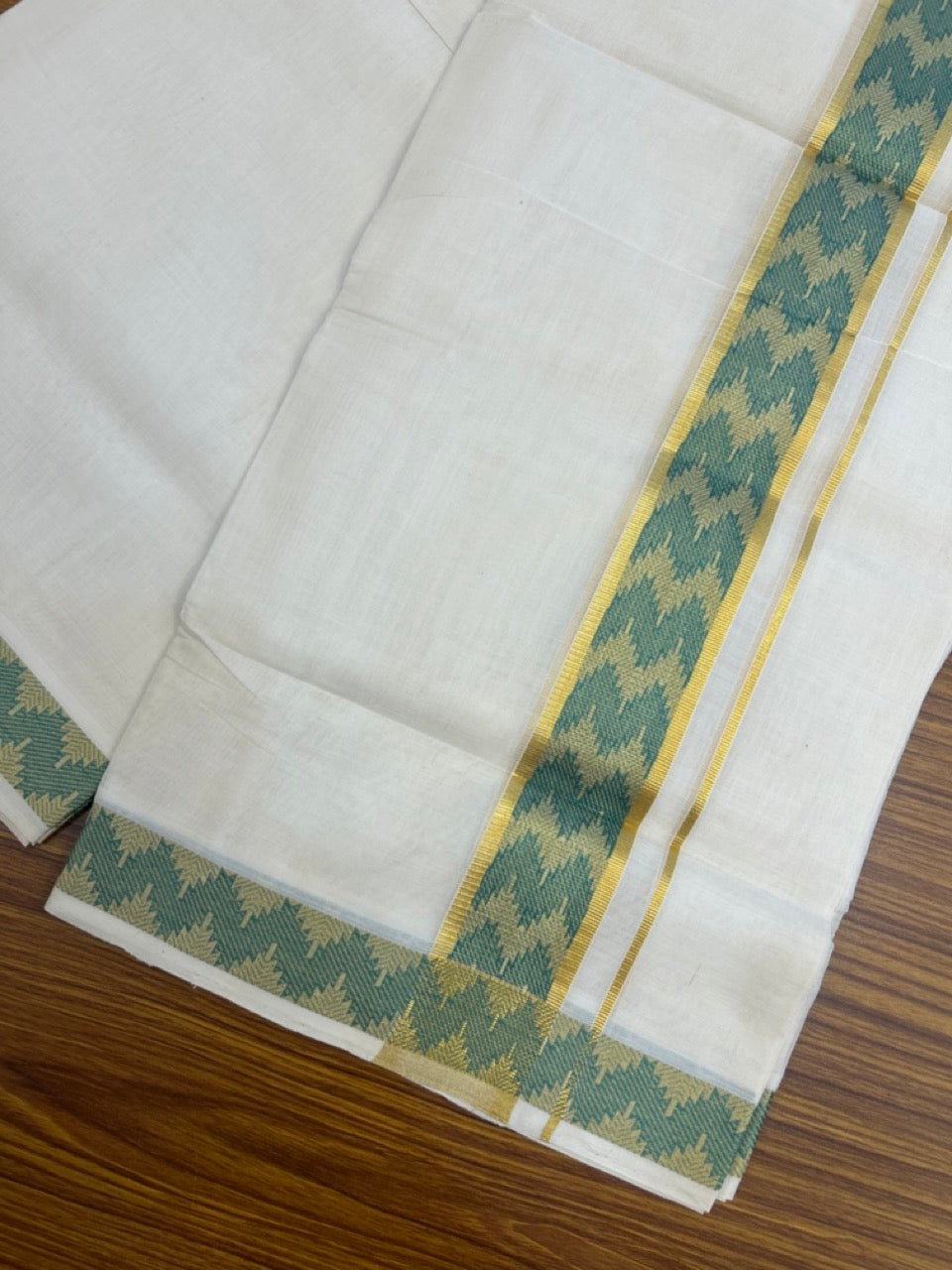 25% Discount ! Kaitharikada Handloom Unakkupaav Balaramapuram - 100% PURE Cotton OFF WHITE - (Unbleached) Double Mundu/Dhoti - 80x90 - 1.75 inch Light Sea Green Gold Kasavu & Jacquard Design Kara 4 mtr (8.5 Muzham) -  4 KK5266 YAR