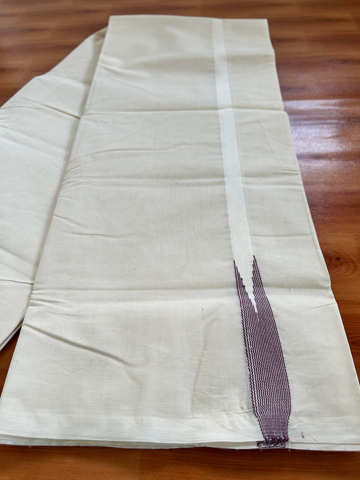 Double Off white Mundu/Dhoti - 23% Discount! KaithariKada Balaramapuram 100% Cotton - 100x100 - 0.5 inch Puliyilakkara Dusty Lavender Striped Chutty Kara - 4 mtr (8.5 muzham) - 22 KK5401 ASH