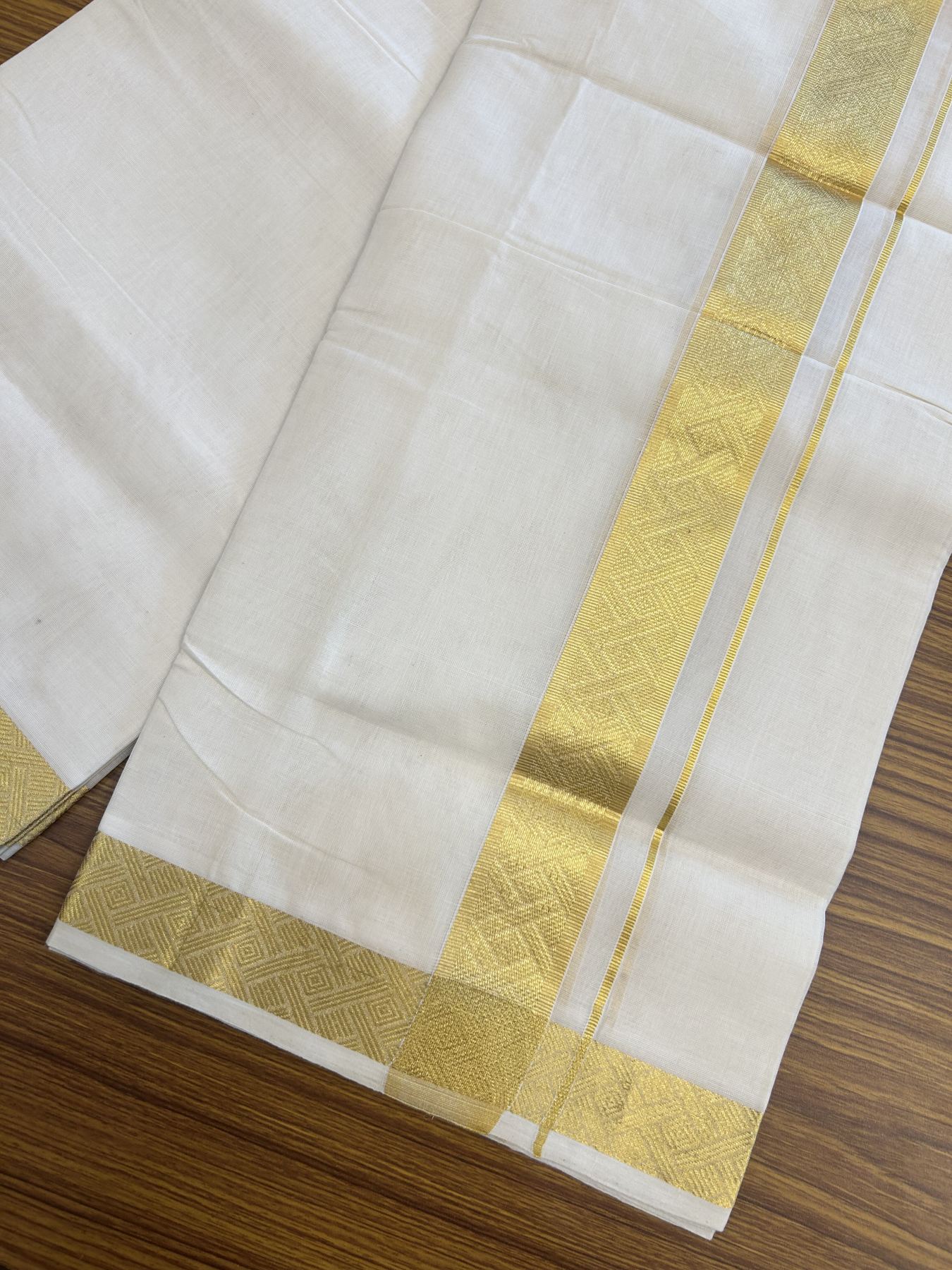 25% Discount ! KaithariKada Handloom Unakkupaav Kerala Handloom - Pure Cotton Off White - (Unbleached) Double Mundu/Dhoti - (100X80) - 1.75 inch Gold Kasav Jacquard Design Kara - 4 mtr (8.5 Muzham)- 11 KK5342 ABH