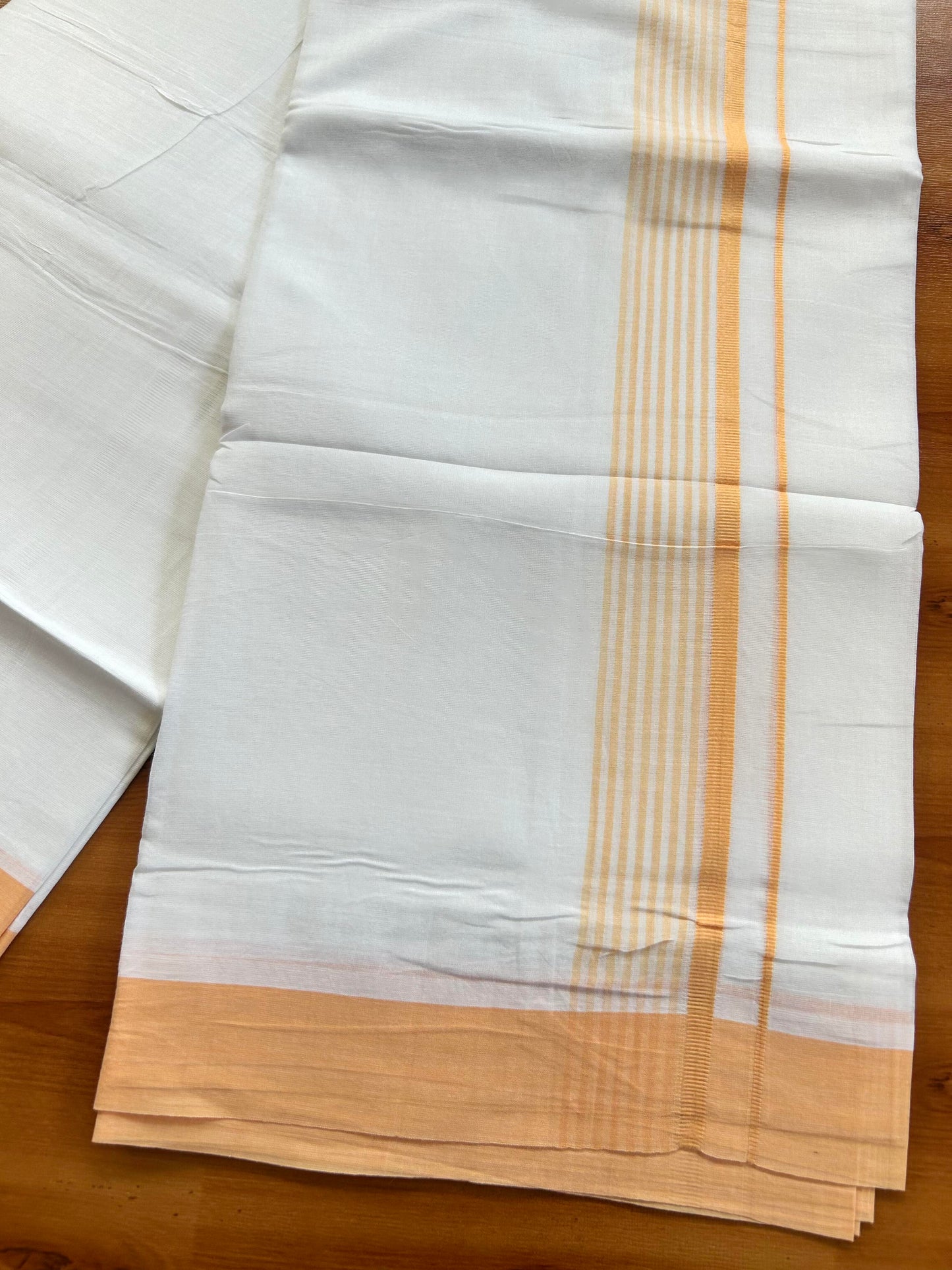 Pure White Double Mundu/Dhoti - 20% Discount ! Kaitharikada Balaramapuram 100% Cotton - 100x80 - 1.5 inch Peach Stripes Kara 3.80 mtr (8 muzham) - 99 KK5452 THI