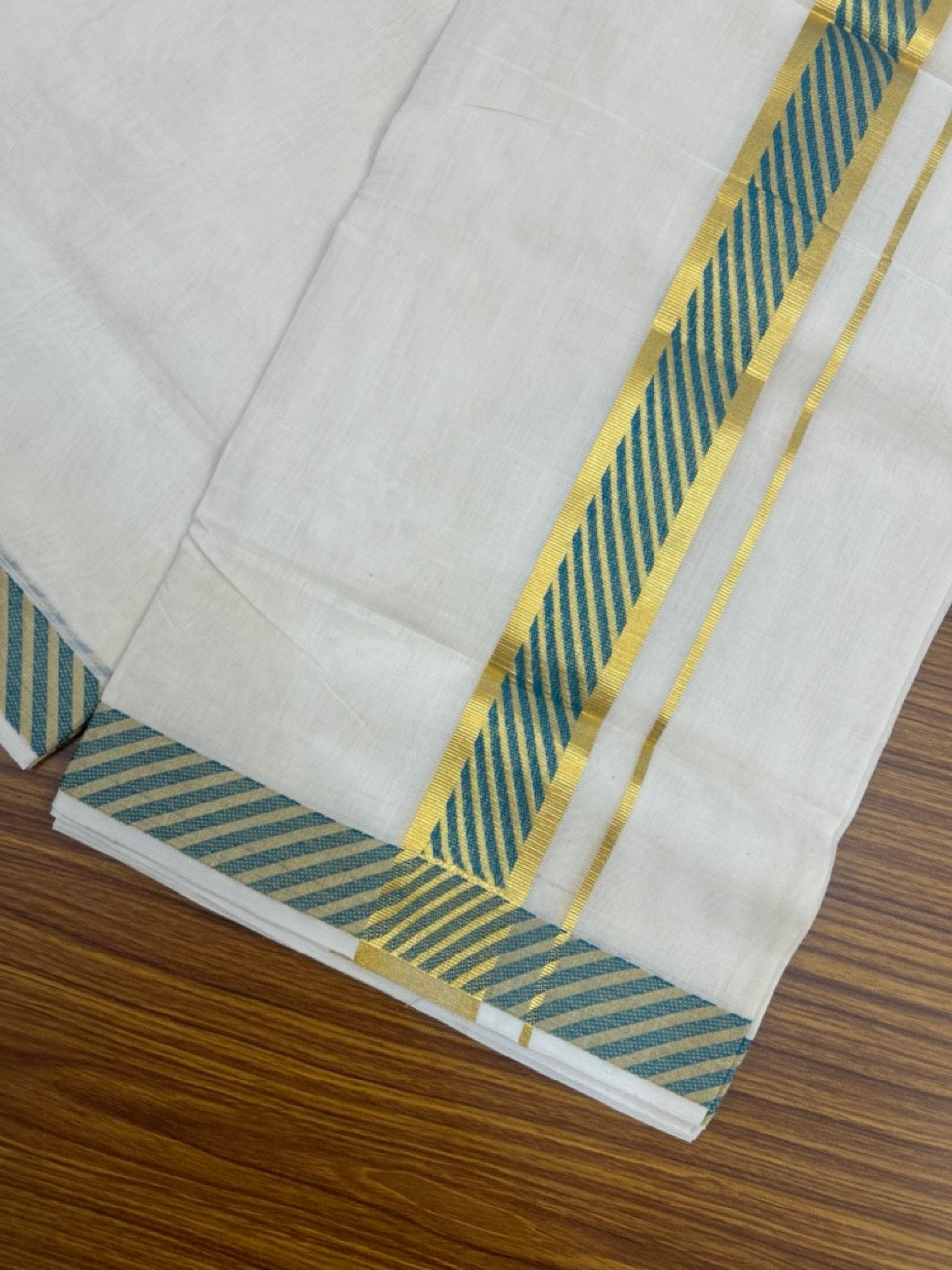 25% Discount ! Kaitharikada Handloom Unakkupaav Balaramapuram - 100% Pure Cotton Off White - (Unbleached) Double Mundu/Dhoti - 80x90 - 1.75 inch Gold Kasav & Blue Green Jacquard Design Kara 4 mtr (8.5 Muzham) -  2 KK5266 YAR
