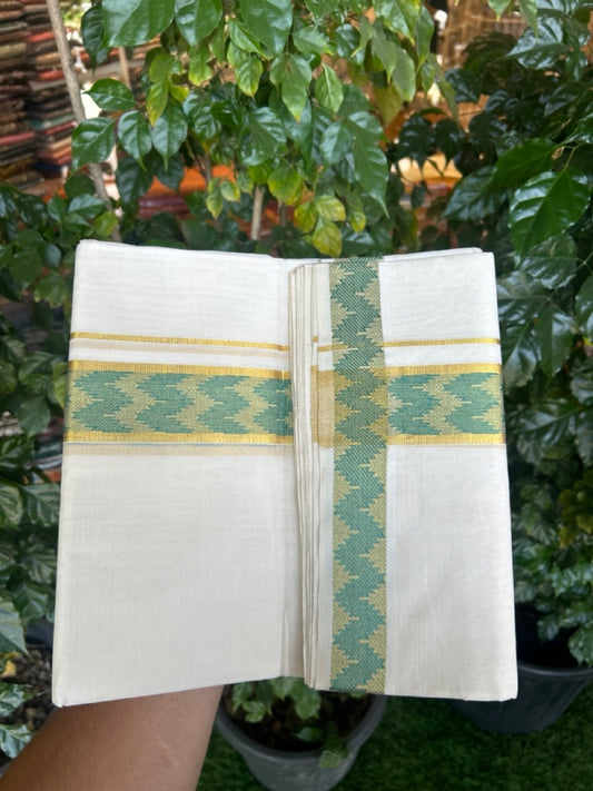 25% Discount ! Kaitharikada Handloom Unakkupaav Balaramapuram - 100% PURE Cotton OFF WHITE - (Unbleached) Double Mundu/Dhoti - 80x90 - 1.75 inch Light Sea Green Gold Kasavu & Jacquard Design Kara 4 mtr (8.5 Muzham) -  4 KK5266 YAR