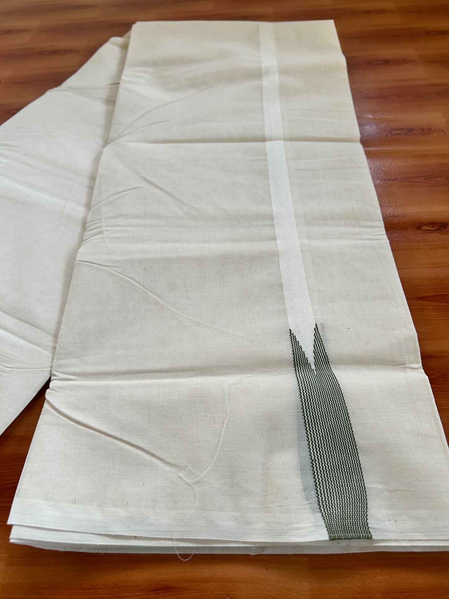 Double Off white Mundu/Dhoti - 23% Discount! KaithariKada Balaramapuram 100% Cotton - 100x100 - 0.5 inch Puliyilakkara Light Green Striped Chutty Kara - 4 mtr (8.5 muzham) - 19 KK5401 ASH