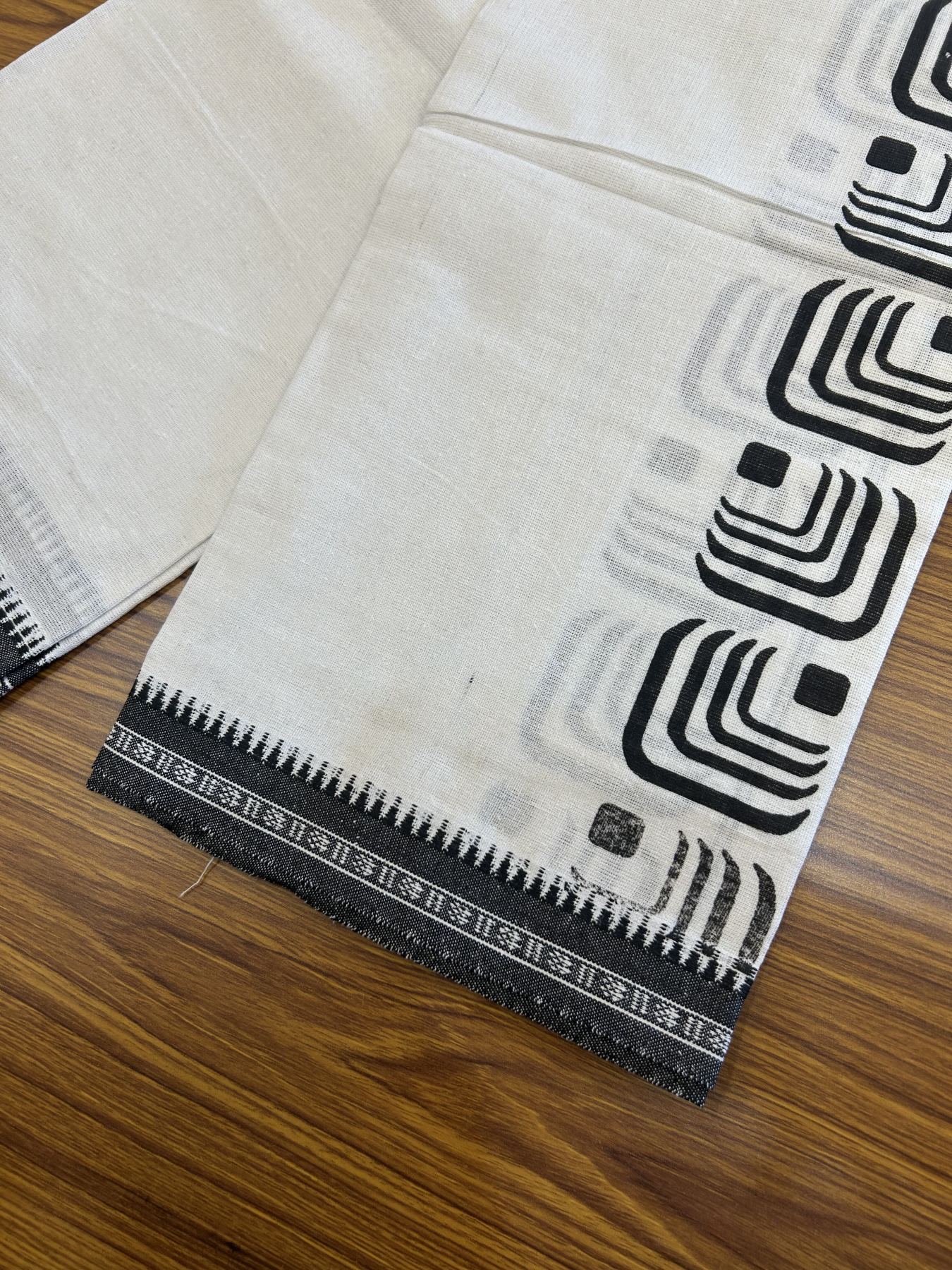 Kaitharikada - Polyster + Cotton - 40s twisted - Pure white Single Kaily / Lungi - 3 inch Black Printed Kuppadam Border with White colour body (2 meter / 4 muzham) - 3 KK8041 GAN