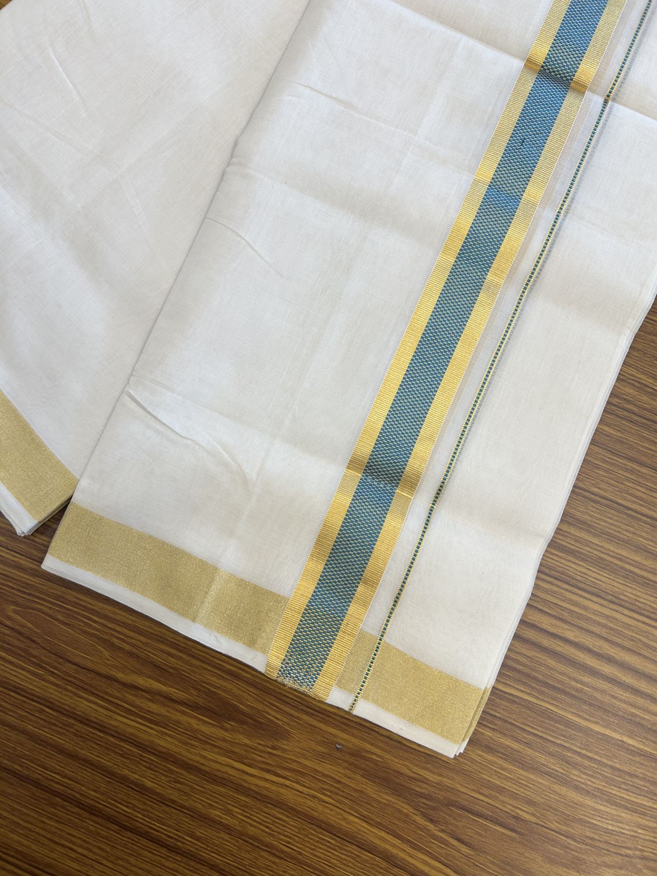25% Discount ! KaithariKada Handloom Unakkupaav Kerala Handloom - Pure Cotton Off White - (Unbleached) Double Mundu/Dhoti - (100X80) - 1.5 inch Gold Kasav & Peacock Blue Jacquard Design Kara - 4 mtr (8.5 Muzham)- 16 KK5342 ABH