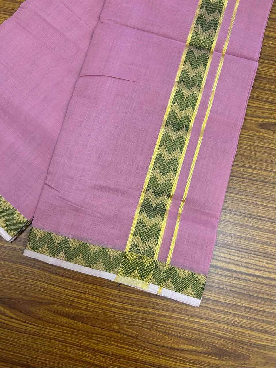 25% Discount! KaithariKada Handloom Unakkupaav Balaramapuram - 100% Cotton Double Mundu/Dhoti - Dark Onion Pink Colour Body - 1.75 inch Gold Kasav & Green Jacquard Design Kara - 4 KK5267 ABH