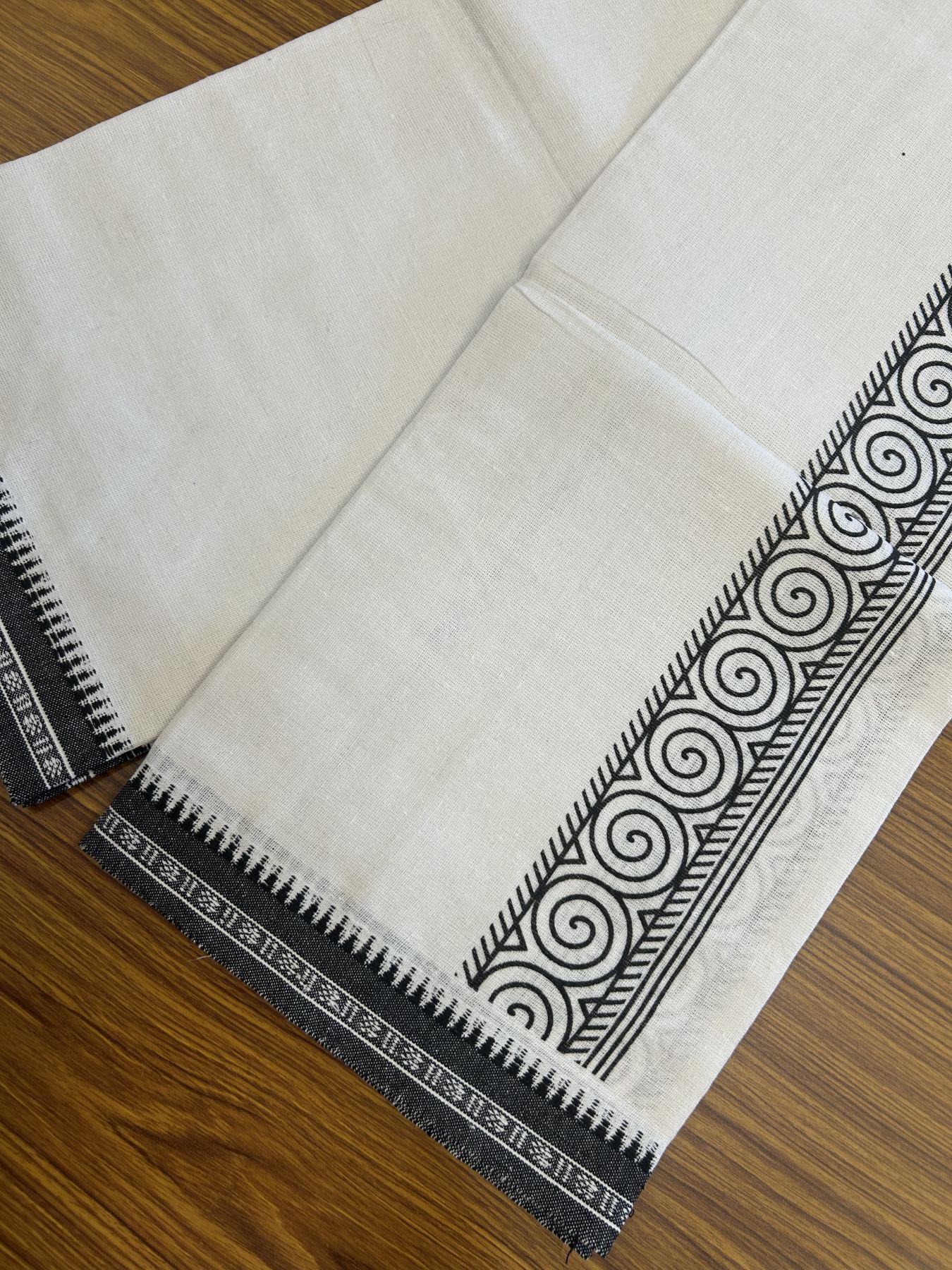 Kaitharikada - Polyster + Cotton - 40s twisted - Pure white Single Kaily / Lungi - 2.5 inch Black Printed Kuppadam Border with White colour body (2 meter / 4 muzham) - 5 KK8041 GAN