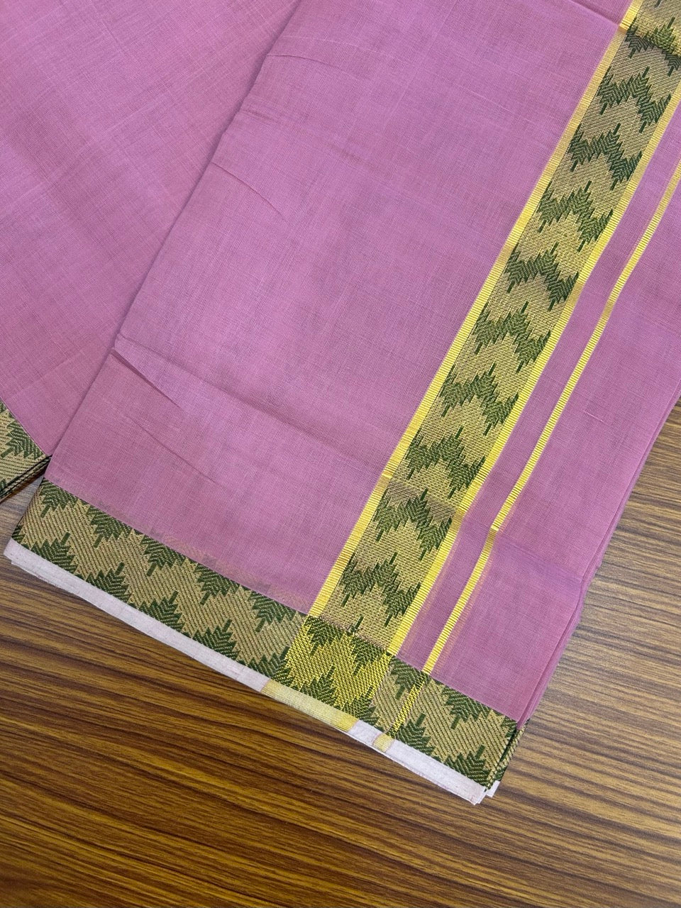 25% Discount! KaithariKada Handloom Unakkupaav Balaramapuram - 100% Cotton Double Mundu/Dhoti - Dark Onion Pink Colour Body - 1.75 inch Gold Kasav & Green Jacquard Design Kara - 8 KK5267 ABH