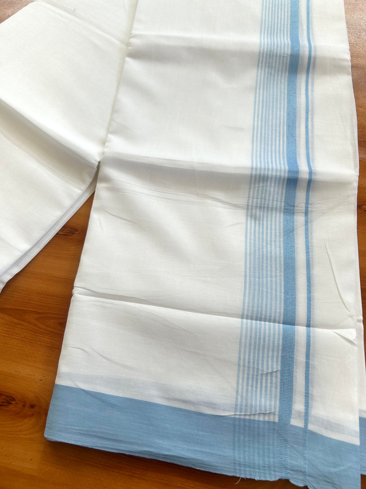 Pure White Double Mundu/Dhoti - 20% Discount ! Kaitharikada Balaramapuram 100% Cotton - 100x80 - 1.5 inch Light Blue Stripes Kara 3.80 mtr (8 muzham) - 101 KK5452 THI