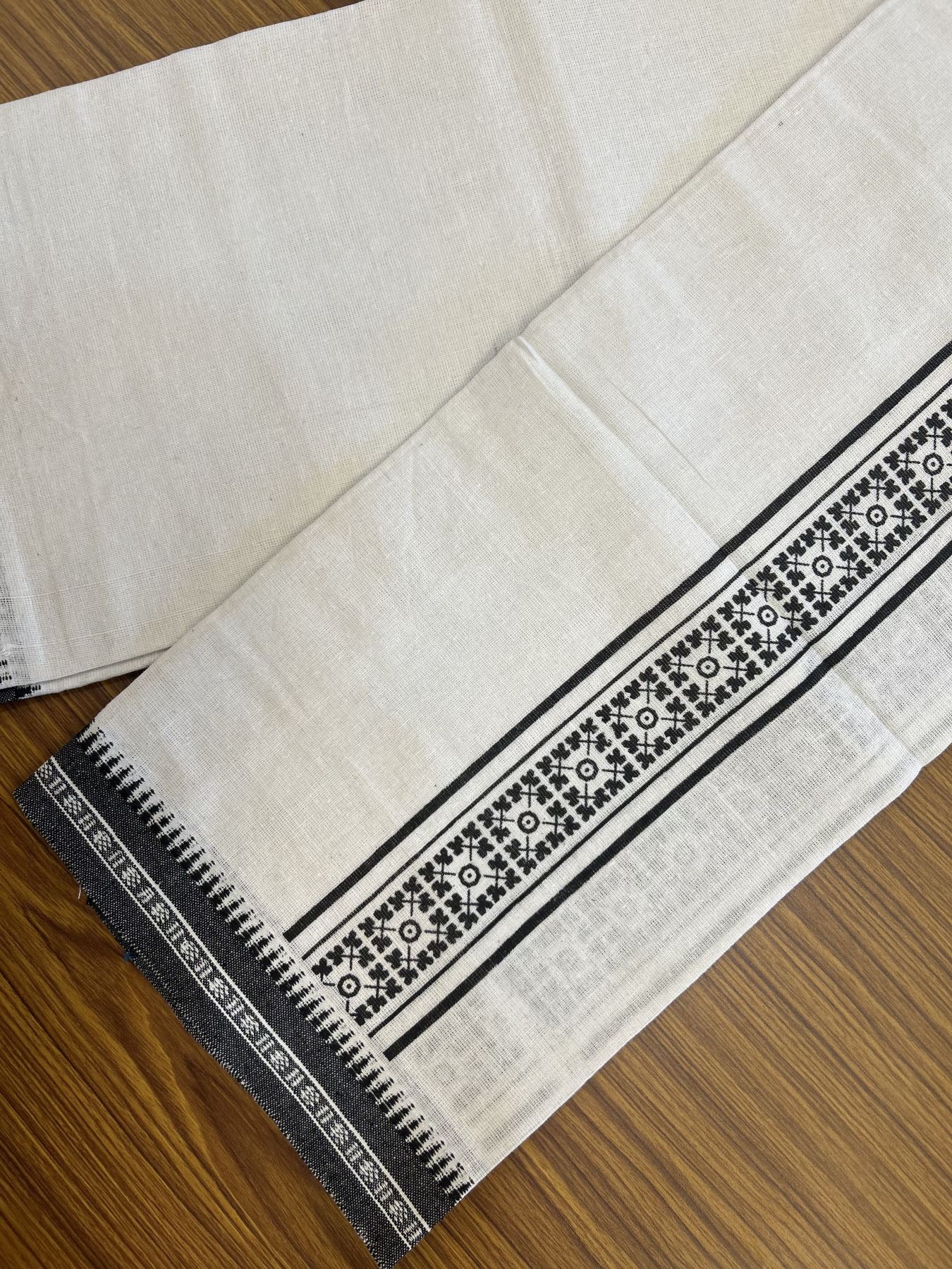 Kaitharikada - Polyster + Cotton - 40s twisted - Pure white Single Kaily / Lungi - 2.5 inch Black Printed Kuppadam Border with White colour body (2 meter / 4 muzham) - 6 KK8041 GAN