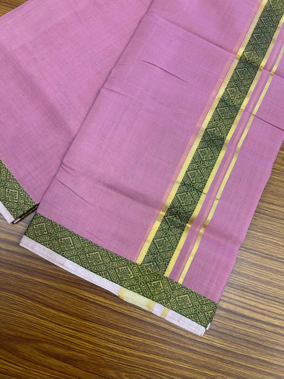 25% Discount! KaithariKada Handloom Unakkupaav Balaramapuram - 100% Cotton Double Mundu/Dhoti - Dark Onion Pink Colour Body - 1.75 inch Gold Kasav & Green Jacquard Design Kara - 5 KK5267 ABH