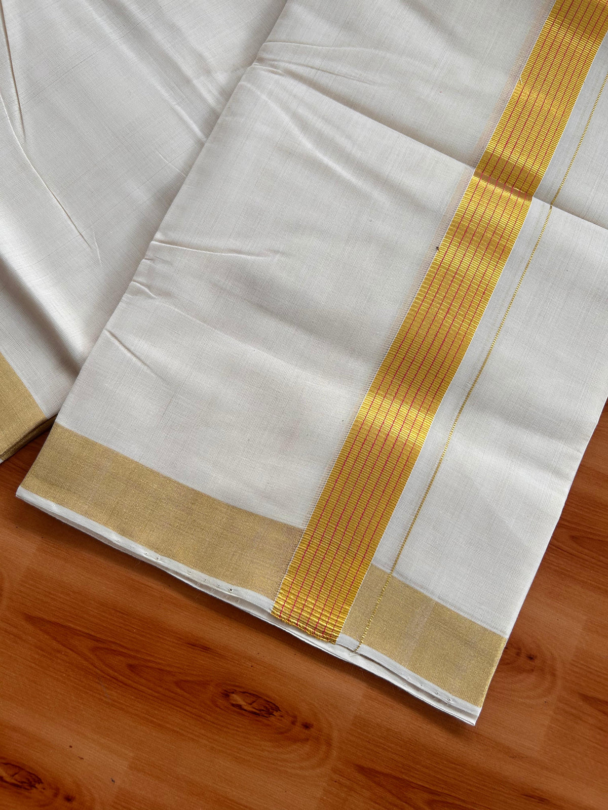 25% Discount KaithariKada Handloom Unakkupaav - Kerala Handloom - 100% Pure Cotton off white (Unbleached) Double Mundu/Dhoti - (80X90) - 1.25 inch Gold Kasav & Pink Striped Kara 3.75 mtr (8 muzham) - 2 KK5524 ELA