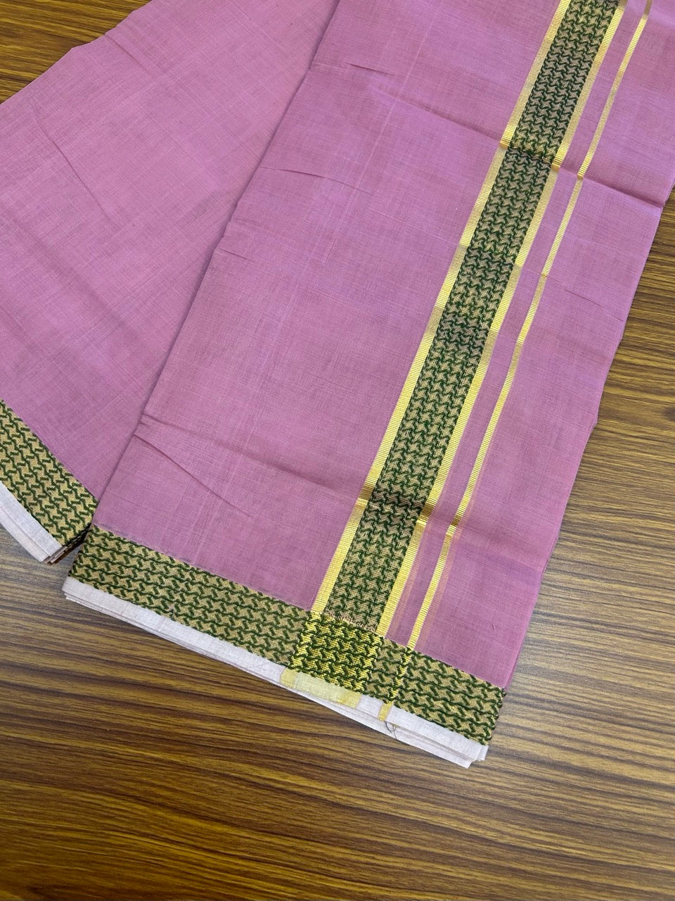25% Discount! KaithariKada Handloom Unakkupaav Balaramapuram - 100% Cotton Double Mundu/Dhoti - Dark Onion Pink Colour Body - 1.75 inch Gold Kasav & Green Jacquard Design Kara - 9 KK5267 ABH