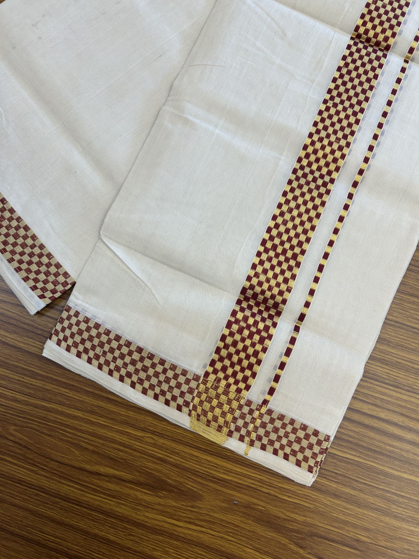 25% Discount ! KaithariKada Handloom Unakkupaav Kerala Handloom - Pure Cotton Off White - (Unbleached) Double Mundu/Dhoti - (100X80) - 1.5 inch Gold Kasav & Dark Maroon Jacquard Design Kara - 4 mtr (8.5 Muzham)- 21 KK5342 ABH