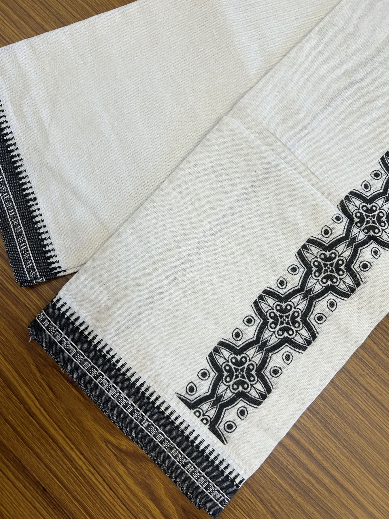 Kaitharikada - Polyster + Cotton - 40s twisted - Pure white Single Kaily / Lungi - 2.5 inch Black Printed Kuppadam Border with White colour body (2 meter / 4 muzham) - 9 KK8041 GAN