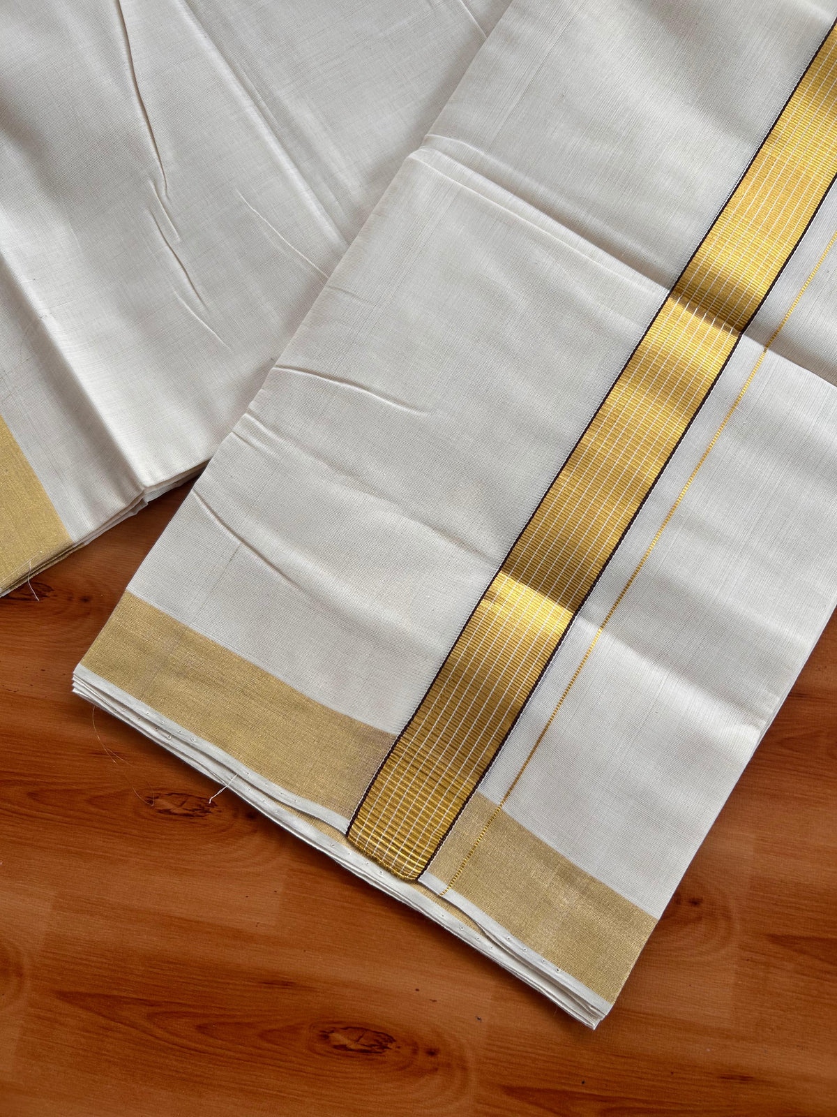 25% Discount KaithariKada Handloom Unakkupaav - Kerala Handloom - 100% Pure Cotton off white (Unbleached) Double Mundu/Dhoti - (80X90) - 1.25 inch Gold Kasav & Dark Brown Striped Kara 3.75 mtr (8 muzham) - 5 KK5524 ELA