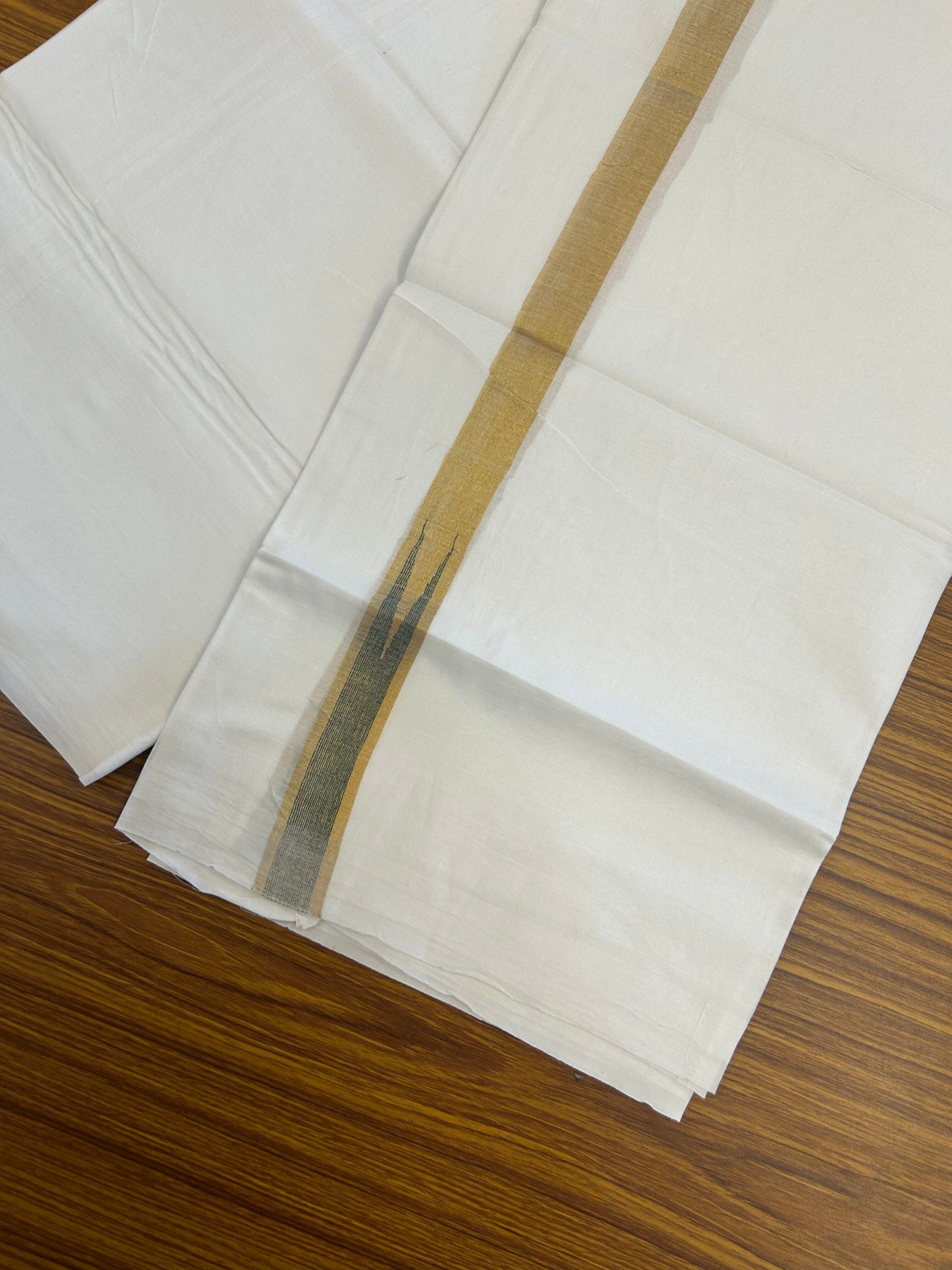 20% Discount ! Kaitharikada Balaramapuram 100% Cotton Pure White Double Mundu/Dothi - 100x80 - 1 inch Puliyilakkara Gold Kasav & Green Chutty Kara 3.90 mtr (8 muzham) - 1 KK5344 VAS