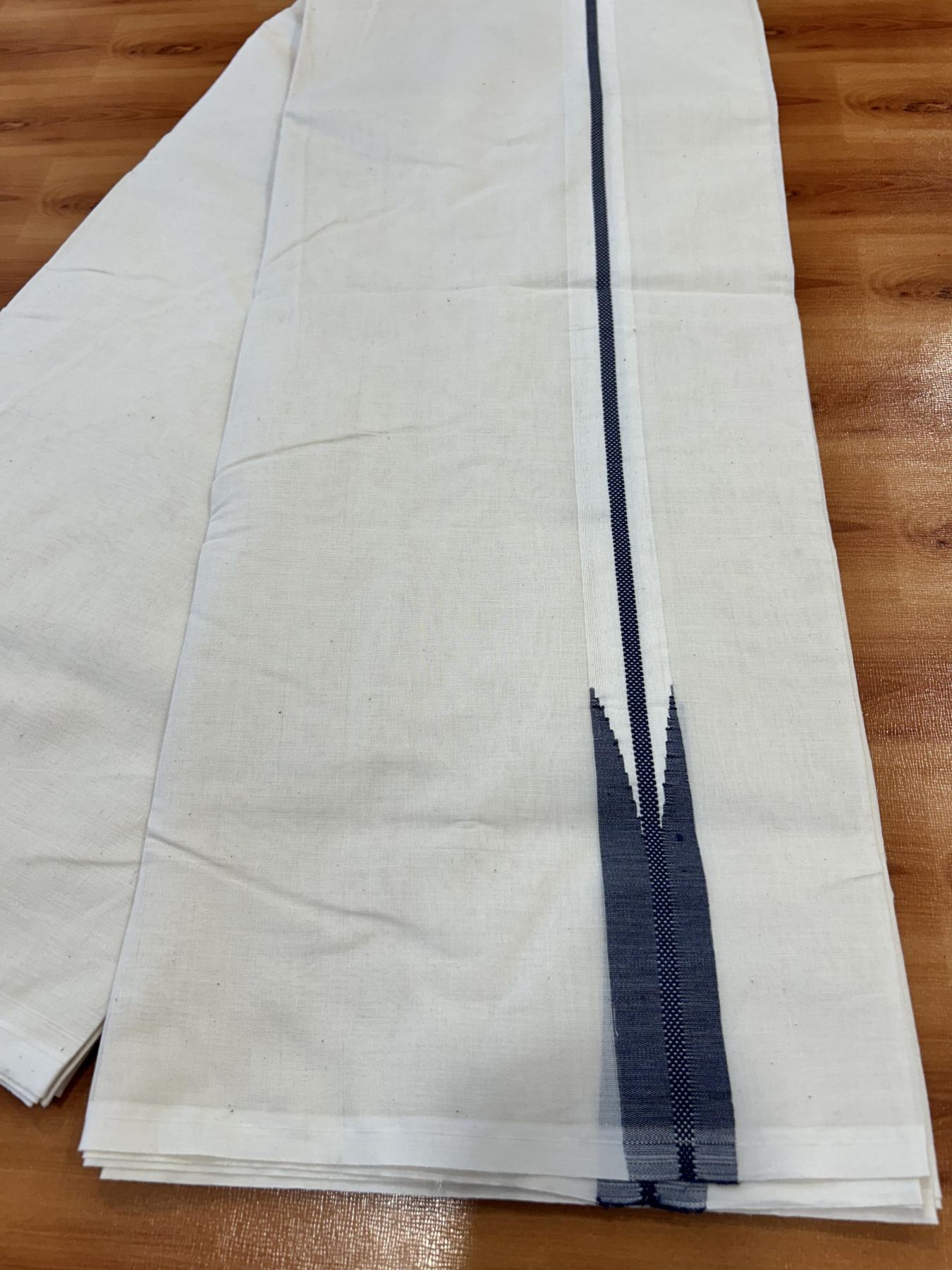 Double Off white Mundu/Dhoti - 20% Discount! KaithariKada Balaramapuram - 100% Cotton 100x100 - 1 inch Navy Blue Chutty Kara - 4 mtr (8.5 muzham) - 10 KK5407 ASH