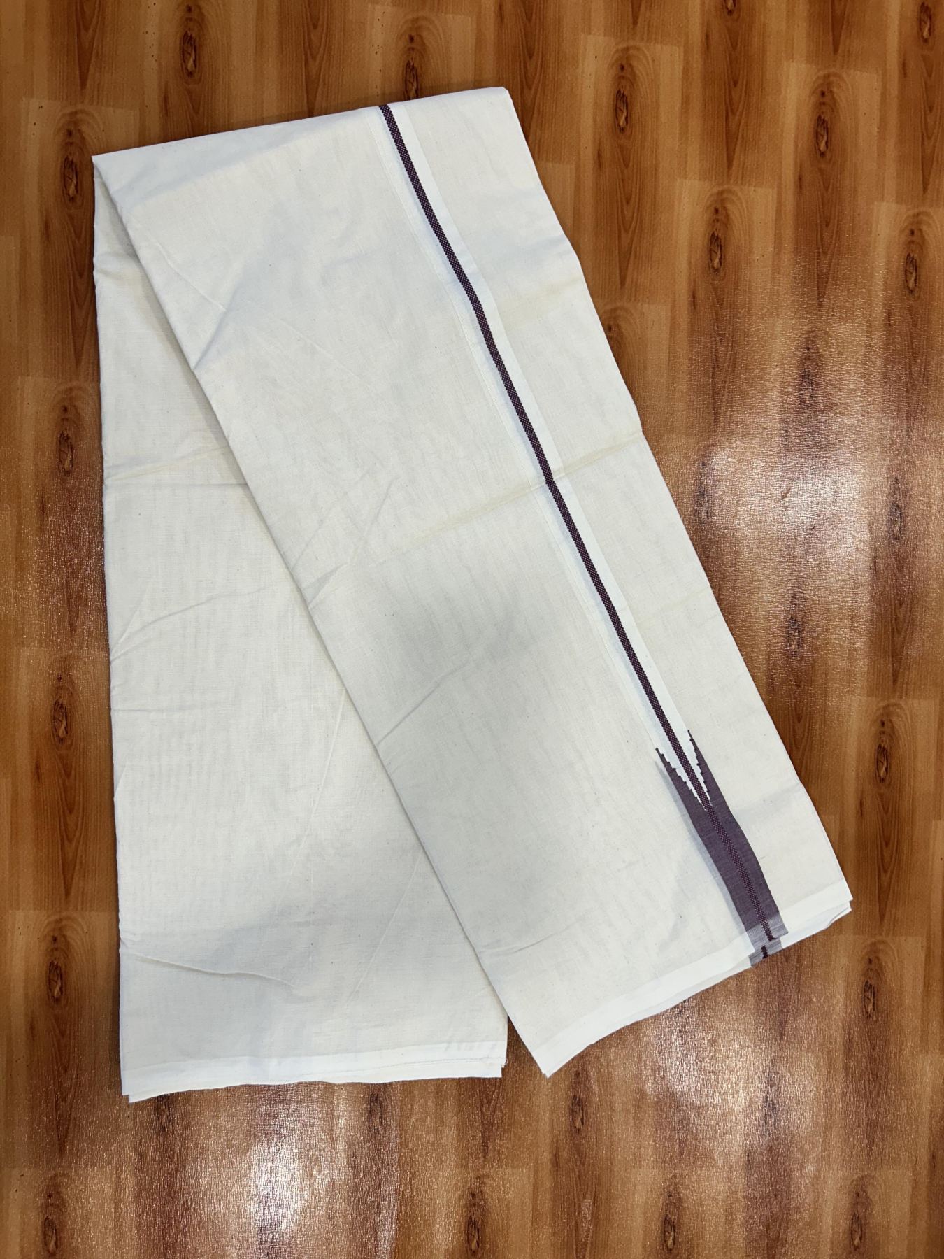 Double Off white Mundu/Dhoti - 20% Discount! KaithariKada Balaramapuram - 100% Cotton 100x100 - 1 inch Wine Purple Chutty Kara - 4 mtr (8.5 muzham) - 9 KK5407 ASH