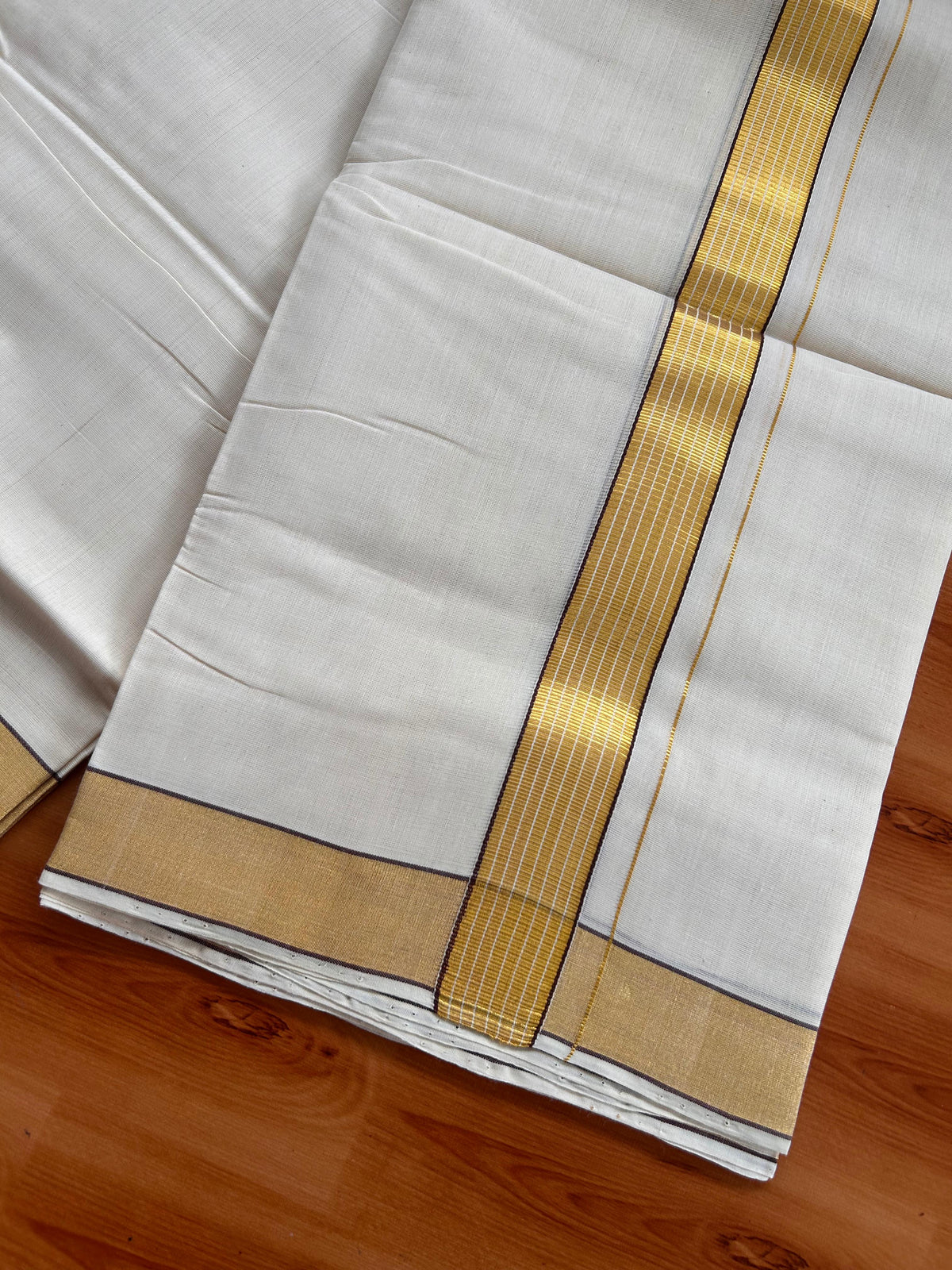 25% Discount KaithariKada Handloom Unakkupaav - Kerala Handloom - 100% Pure Cotton off white (Unbleached) Double Mundu/Dhoti - (80X90) - 1.25 inch Gold Kasav & Dark Brown Striped Kara 3.75 mtr (8 muzham) - 7 KK5524 ELA